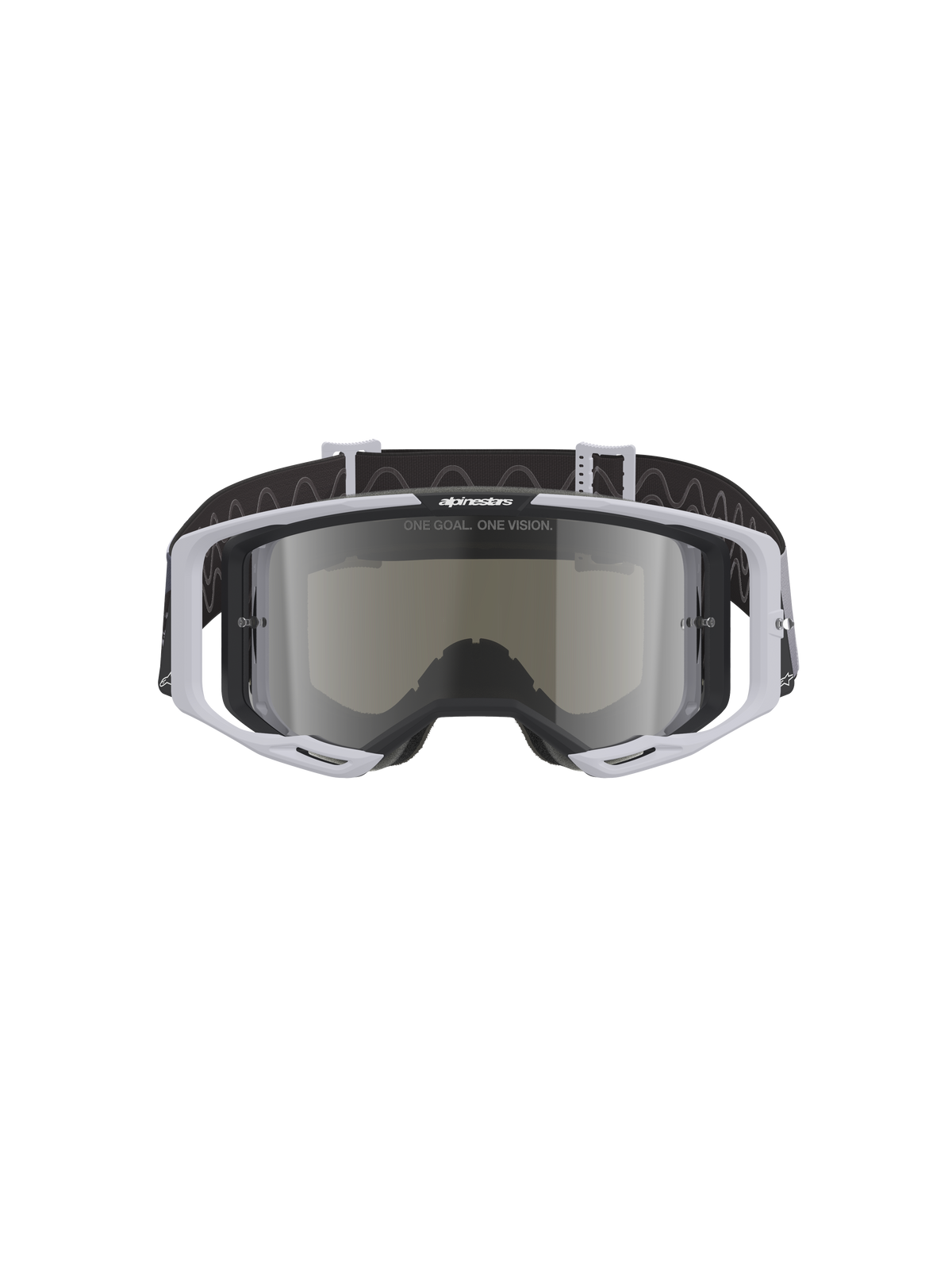 Alpinestars Vision 8 Lahnd Goggles, motorcrossbril, Iron Camo Mirror Silver, lichtgrijs frame met een gespiegelde zilveren lens, zwarte band met golfpatroon, professionele bril voor off-road racen en motorcross