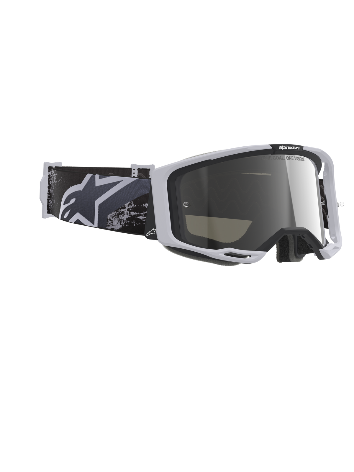 Alpinestars Vision 8 Lahnd Goggles, motorcrossbril, Iron Camo Mirror Silver, lichtgrijs frame met zilveren spiegellens, zwart en grijs camouflageband met wit Alpinestars-logo, hoogwaardige off-road oogbescherming
