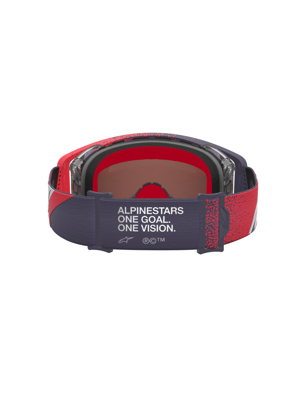 Alpinestars Supertech Hiten Goggles, Black and Red Motocross Goggles, rear view showing branded 'One Goal One Vision' strap.
