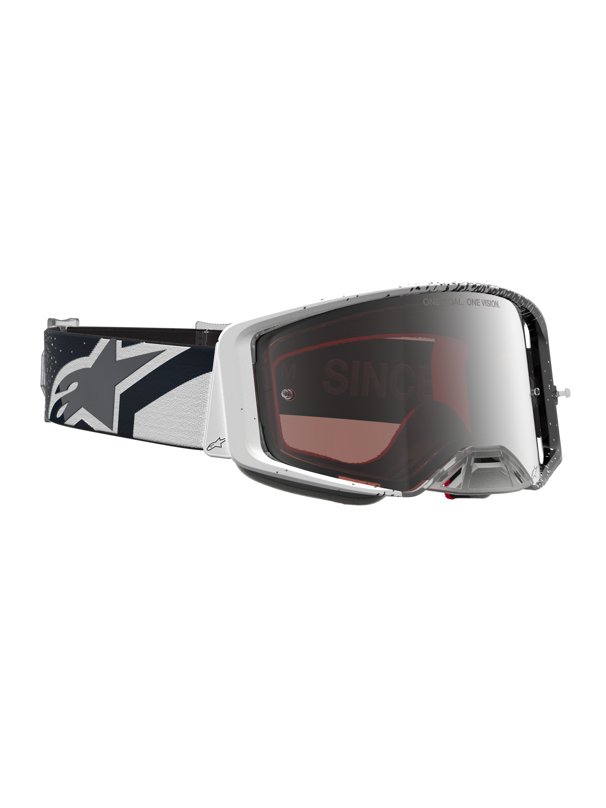 Masque Alpinestars Supertech Hiten pour motocross, blanc et noir avec écran miroir argenté et sangle à logo Astars.