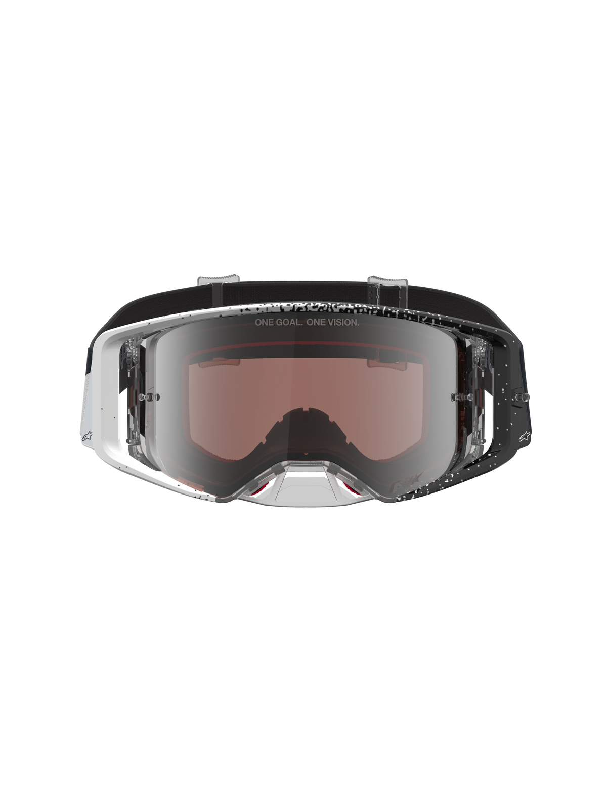 Masque de motocross Alpinestars Supertech Hiten, monture mouchetée noire et blanche, lentille miroir argentée.