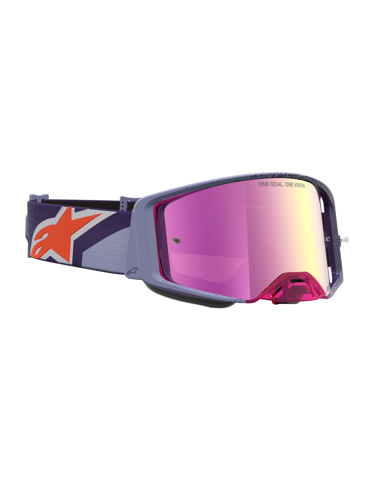 Masque Alpinestars Supertech Hiten, équipement de motocross et off-road, monture violette, écran miroir rose et rouge, bandeau avec logo Astars orange