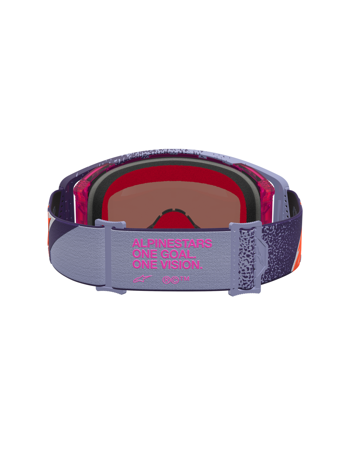 Masque Alpinestars Supertech Hiten, masque de motocross violet et rouge avec écran miroir rose et bandeau élastique marqué.