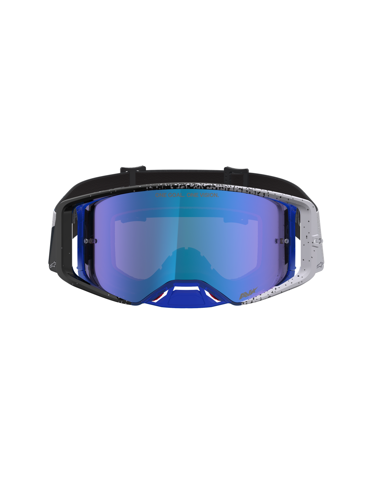 Alpinestars Supertech Hiten Motocross Goggles with a blue mirror lens and black and blue speckled frame design.