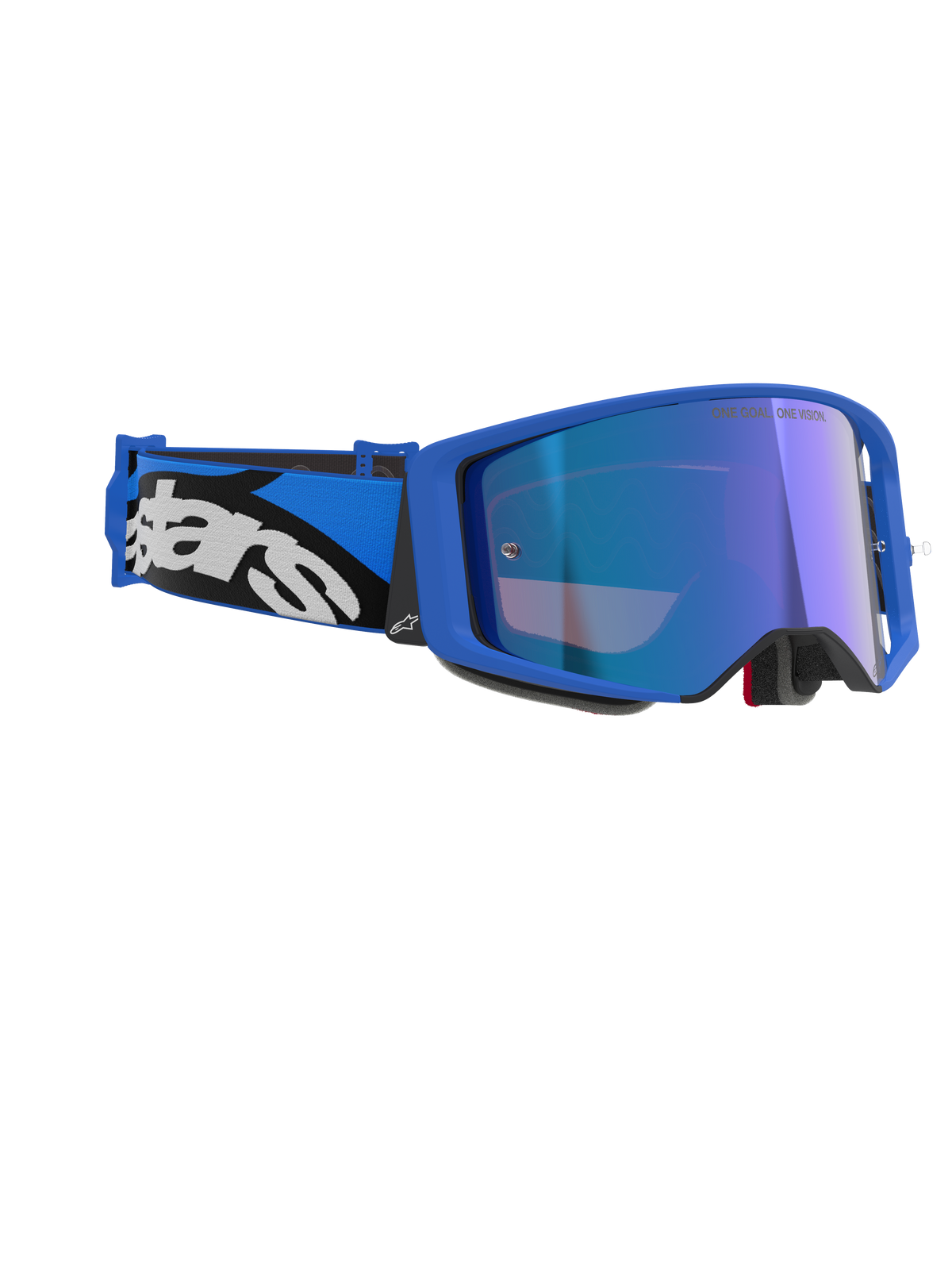 Masque Alpinestars Supertech Stream, Bleu Miroir Bleu, lunettes de motocross avec monture bleue et écran bleu miroir, bandeau réglable bleu et noir avec logo Alpinestars blanc, protection oculaire professionnelle pour la course tout-terrain