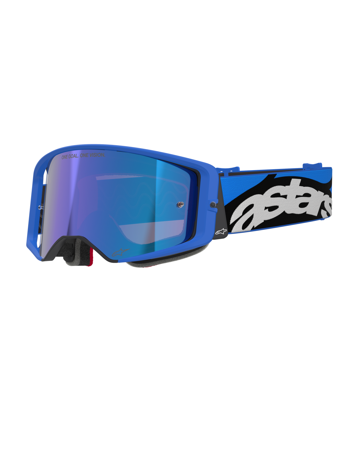 Alpinestars Supertech Stream Goggles, lunettes de protection pour motocross et tout-terrain, monture bleu vif avec écran miroir bleu, large sangle bleue et noire avec logo Astars blanc, rembourrage en mousse grise, équipement de course professionnel