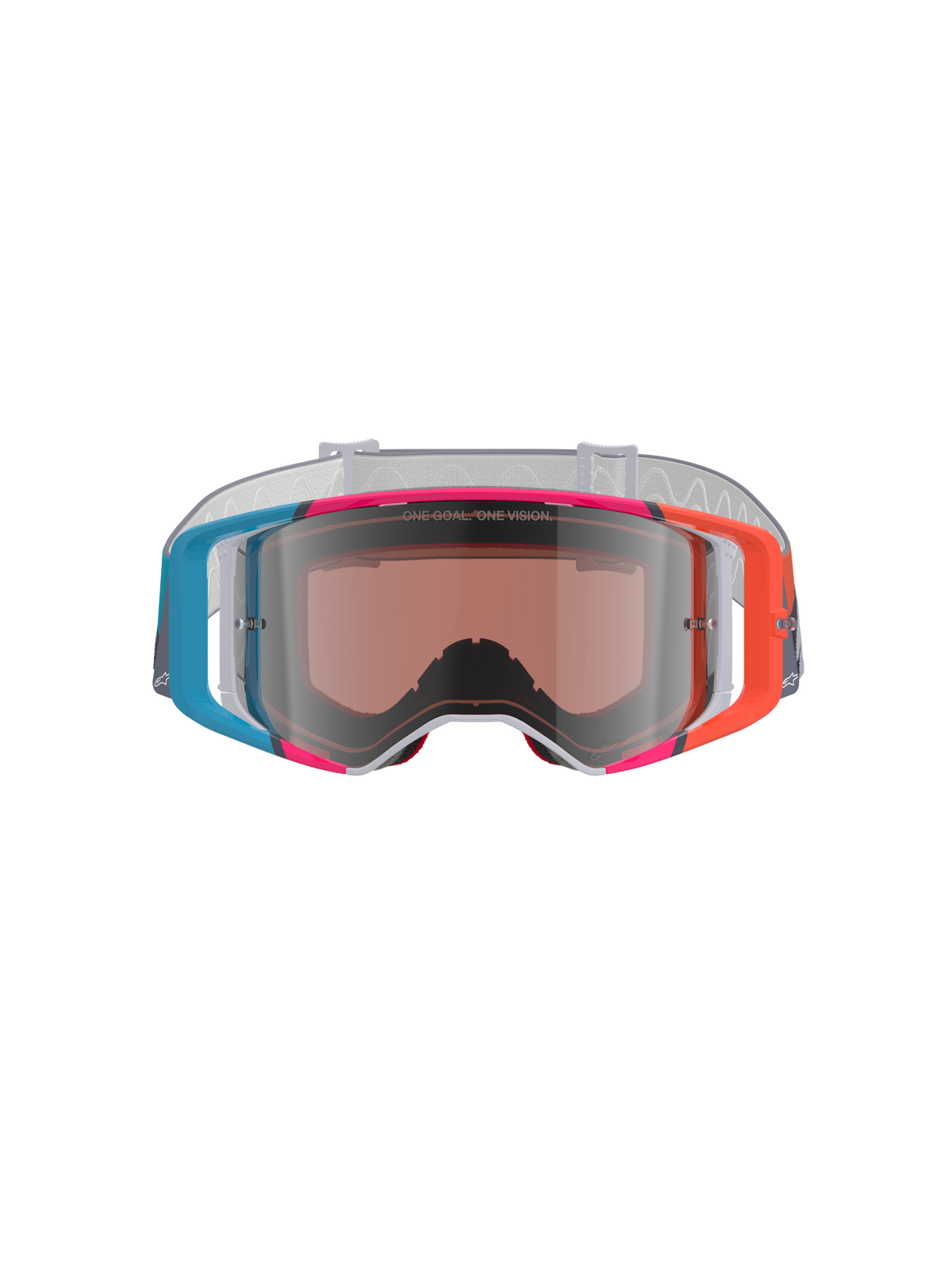 Alpinestars Supertech Stream Schutzbrille, Motocross-Brille, lebhafter mehrfarbiger Rahmen mit blauen, orangefarbenen und pinkfarbenen Akzenten, Silver Mirror Glas mit „ONE GOAL. ONE VISION.“-Schriftzug, weißes gemustertes Band, Hochleistungs-Augenschutz für den Offroad-Rennsport