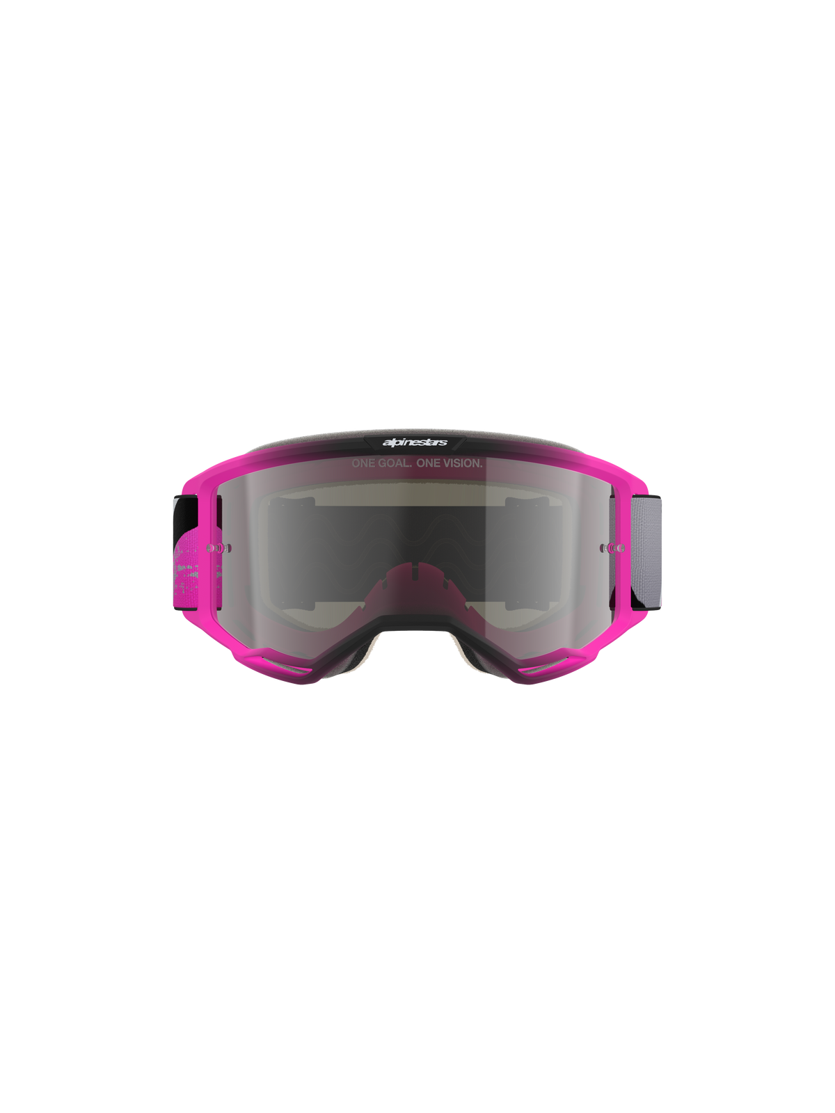Alpinestars Vision 5 Lahnd goggles, motorcrossbril, Iron Pink Fluo met Mirror Silver lens, felroze frame met zilver getinte spiegellens, voorzien van 'ONE GOAL. ONE VISION.' tekst, gestroomlijnd aerodynamisch ontwerp voor off-road racing