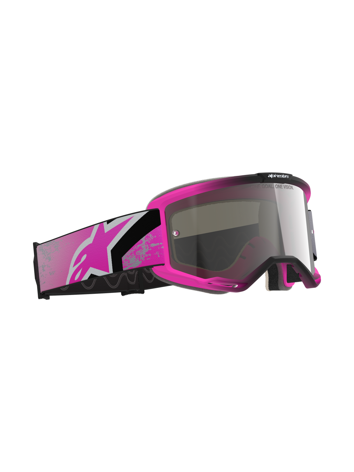 Alpinestars Vision 5 Lahnd Goggles, motorcrossbril, Iron Pink Fluo en Mirror Silver, felroze frame met zilverkleurige spiegellens, brede roze en zwarte band met een roze Astars-logo, off-road racebril