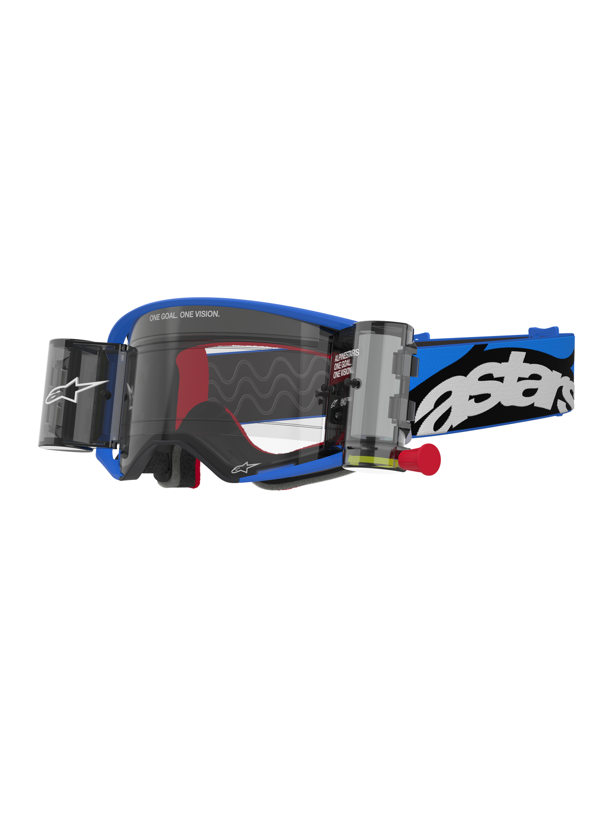 Alpinestars Supertech Stream Goggles, Motocross-Brille, Blauer Rahmen mit klarem Glas und integrierten Roll-Off-Behältern, rote Akzente innen, blau-schwarzes Band mit auffälligem weißen Logo, professionelle Schutzbrille für den Offroad-Rennsport