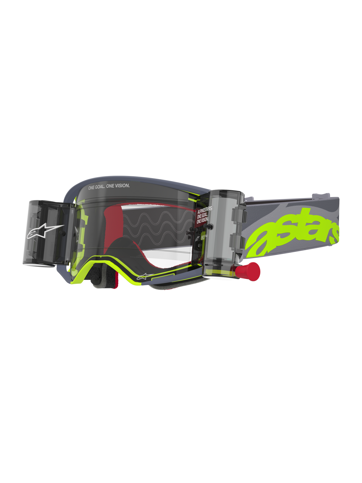 Alpinestars Supertech Stream Goggles, Motocross-Brille, Grau und Neongelb, mit klarem Glas und integriertem Wide Vision Roll-Off-System, Behältern auf beiden Seiten mit rotem Zugknopf, wellenförmigen Silikon-Gleitlinien, verstellbarem grauen Band mit großem neongelbem Astars-Logo, Hochleistungs-Augenschutz für den Offroad-Rennsport