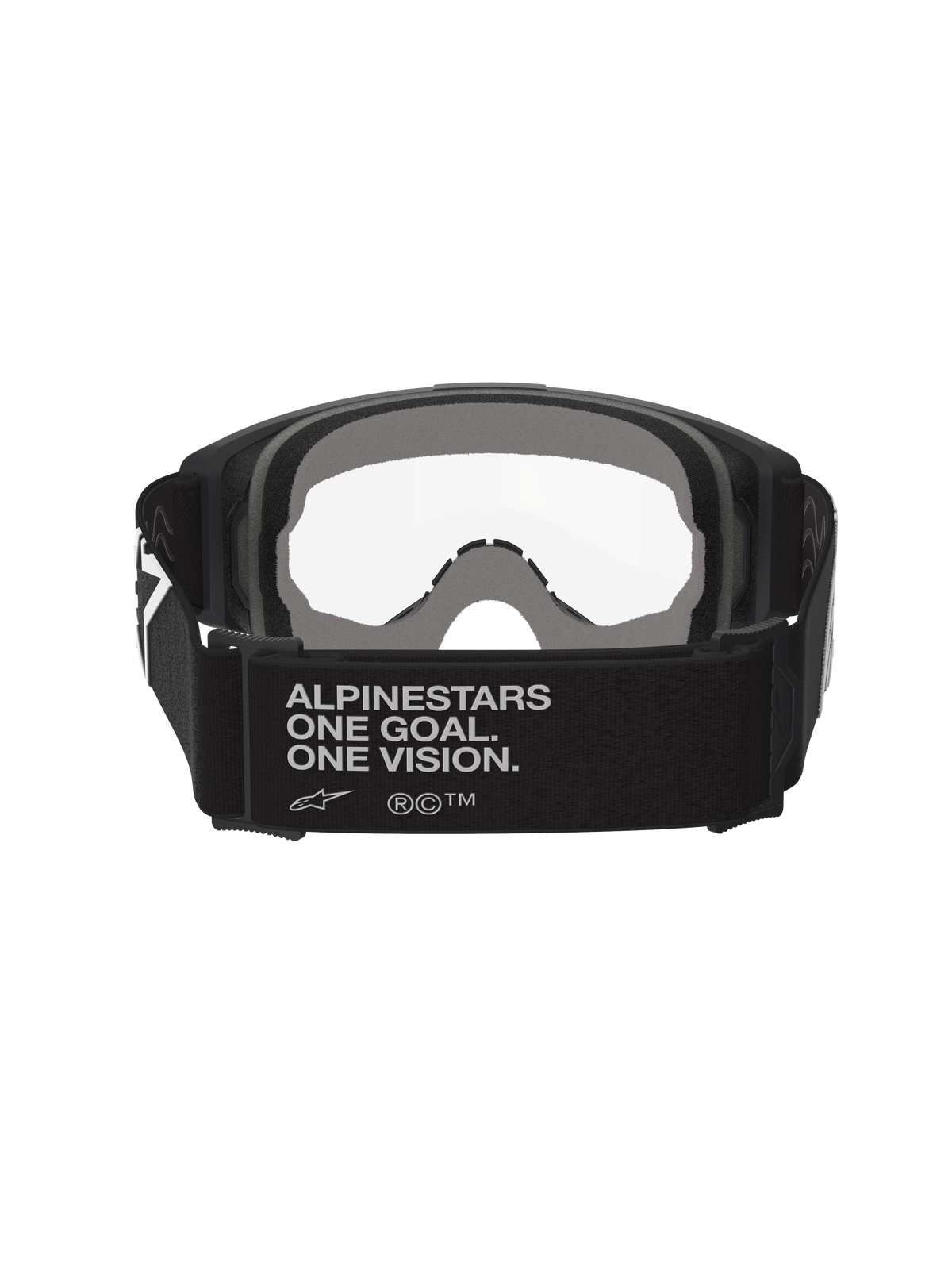 Alpinestars Vision Goggles OTG, Motocross-Brille, Schwarz und Grau, Rückansicht mit breitem schwarzem gewebtem Brillenband und Markenslogan, mehrschichtiger grauer Gesichtsschaum, klare Sichtscheibe, konzipiert für das Tragen über einer Korrekturbrille