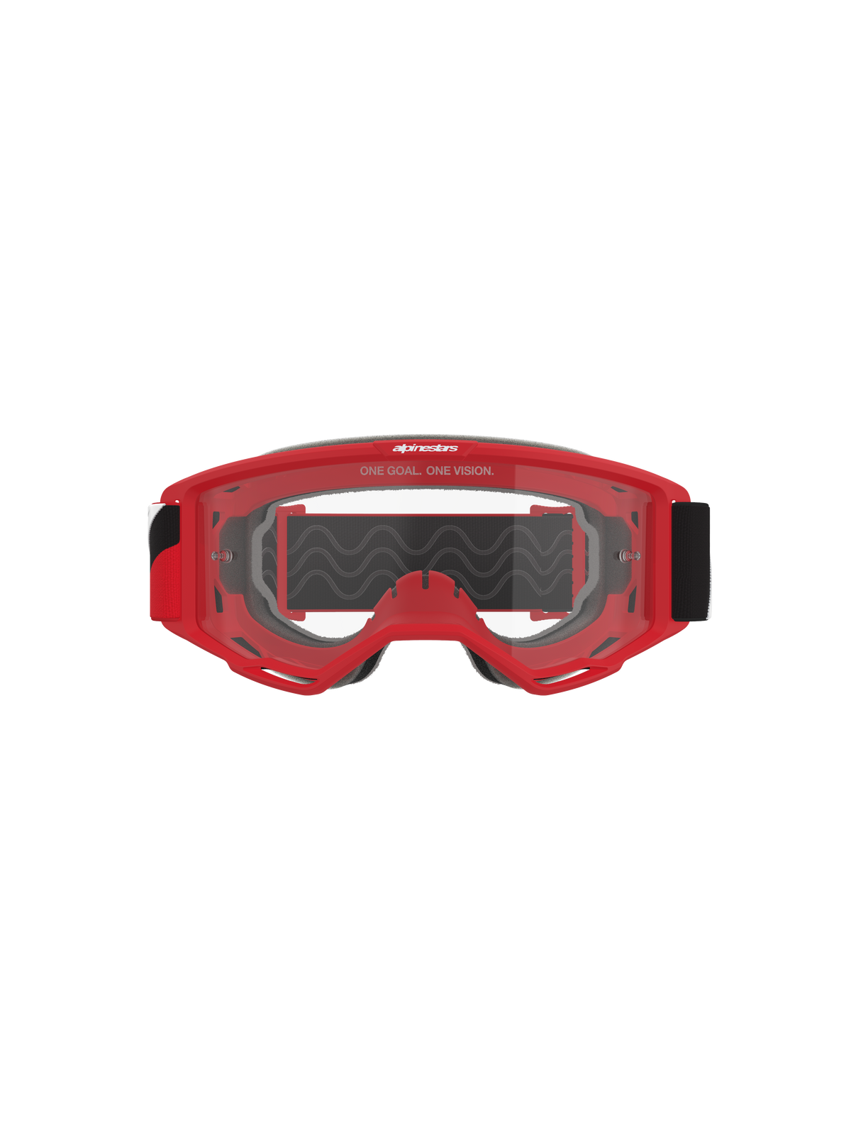 Alpinestars Vision Goggles OTG, masque de motocross, monture rouge avec lentille transparente anti-buée, vue de face avec le slogan « ONE GOAL. ONE VISION. », large sangle noire, protection oculaire haute performance pour la course tout-terrain