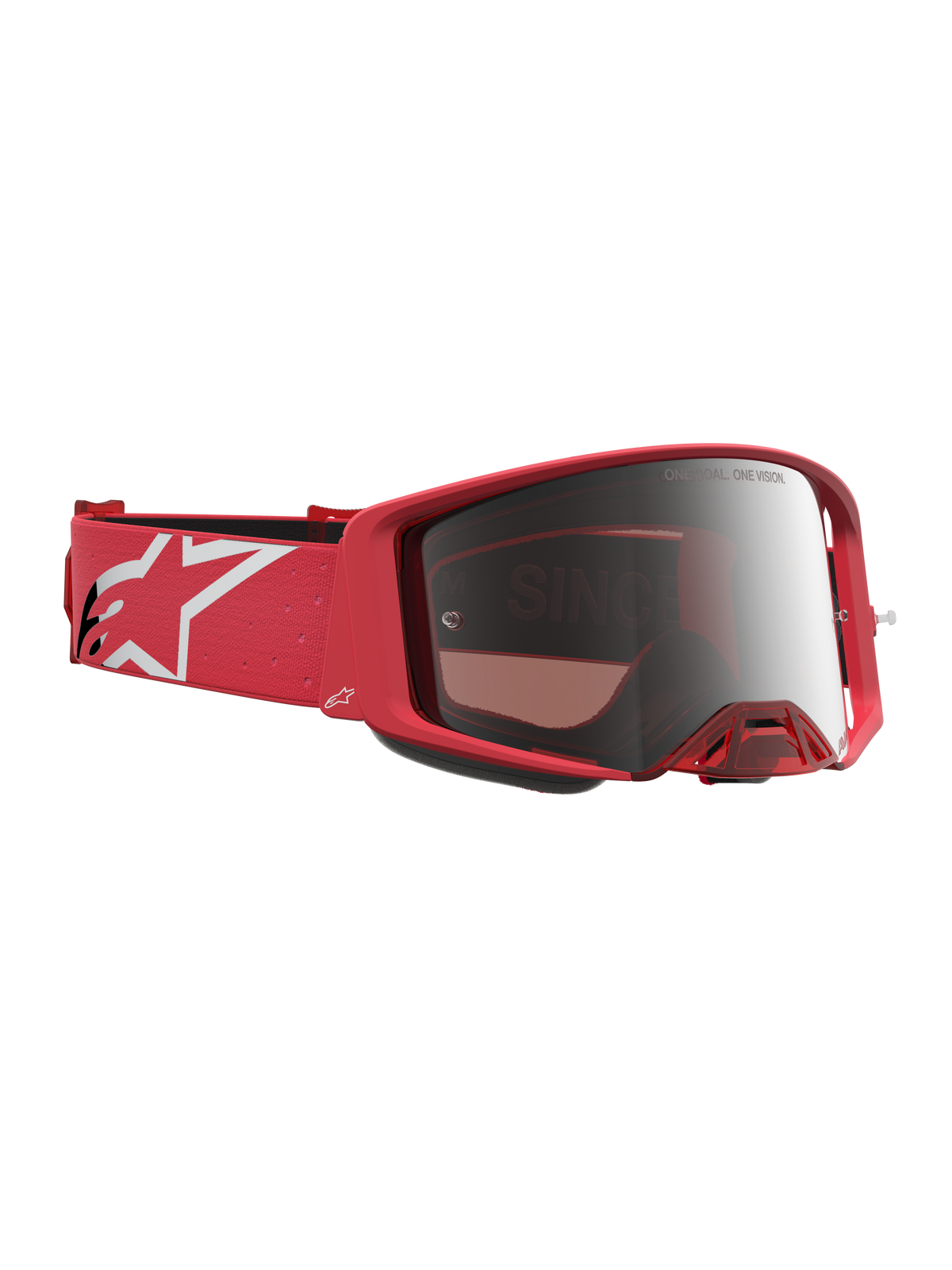 Alpinestars Supertech Vesta veiligheidsbril, professionele motorcrossbril, fluo rood en chroom zilver, voorzien van een spiegelende lens en een witte band met het sterlogo.