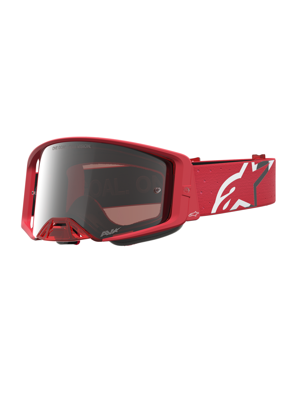 Alpinestars Supertech Vesta veiligheidsbril voor motocross in rood fluo met chroomzilveren spiegelvizier en wit logo.