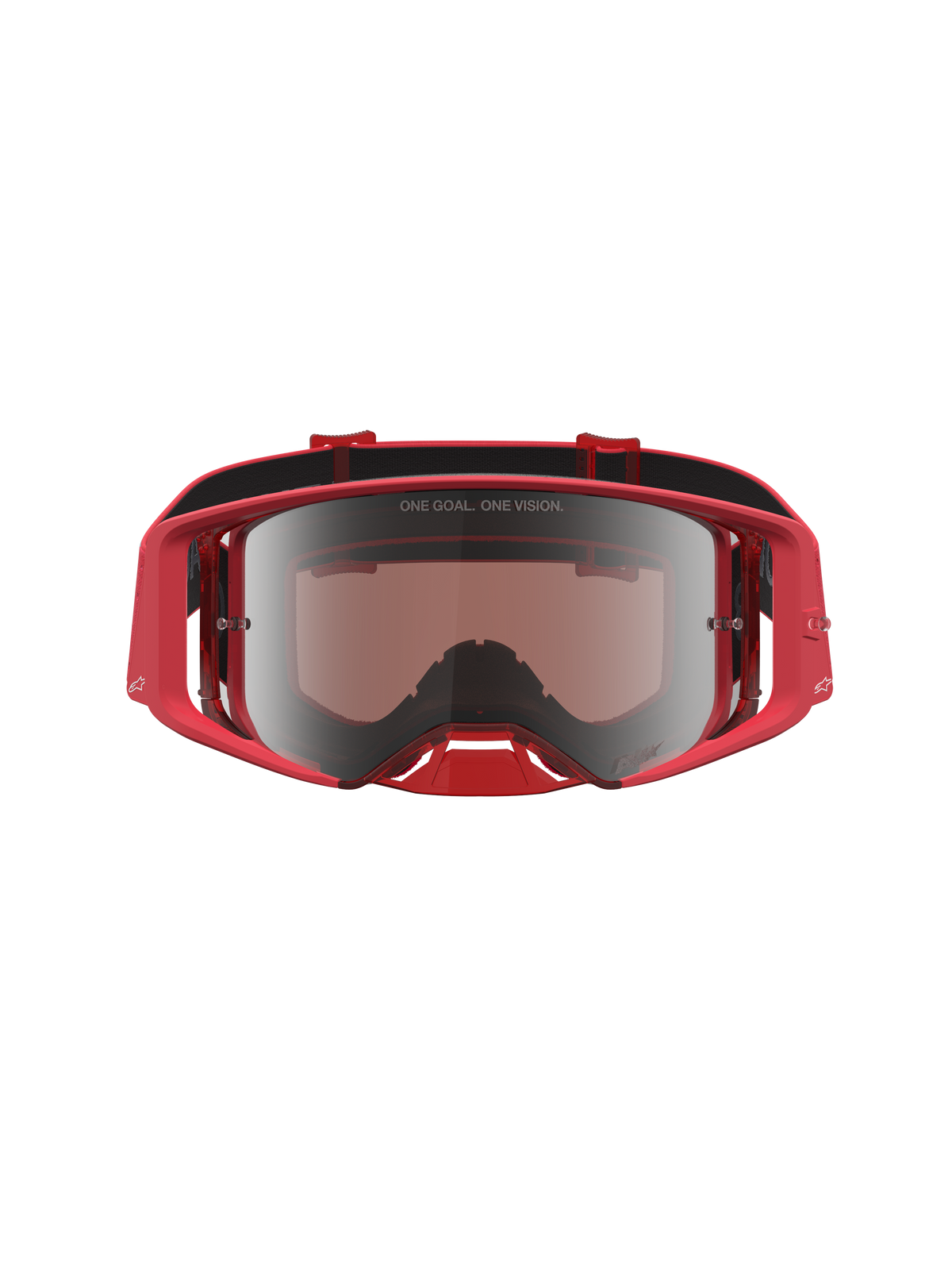 Alpinestars Supertech Vesta veiligheidsbril, professionele motorcrossbril, rood fluo en zilver, voorzien van hoogwaardig zilveren spiegelglas met "ONE GOAL. ONE VISION." opdruk, ontworpen voor optimale off-road prestaties.