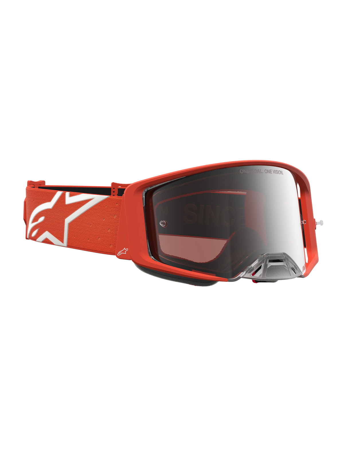 Alpinestars Supertech Vesta, masque de motocross tout-terrain, orange avec écran miroir argenté, sangle à logo étoile blanc, lunettes de course haute performance.