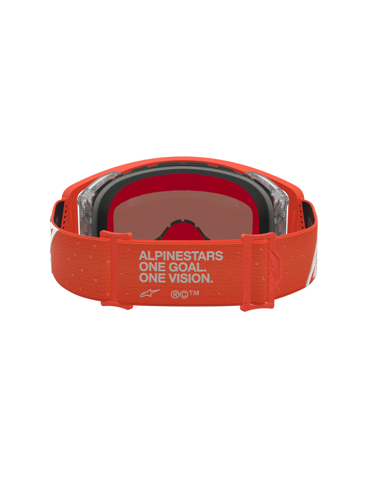 Masque Supertech Vesta Alpinestars, masque de motocross orange, vue arrière montrant la sangle avec slogan et la mousse intérieure du cadre.