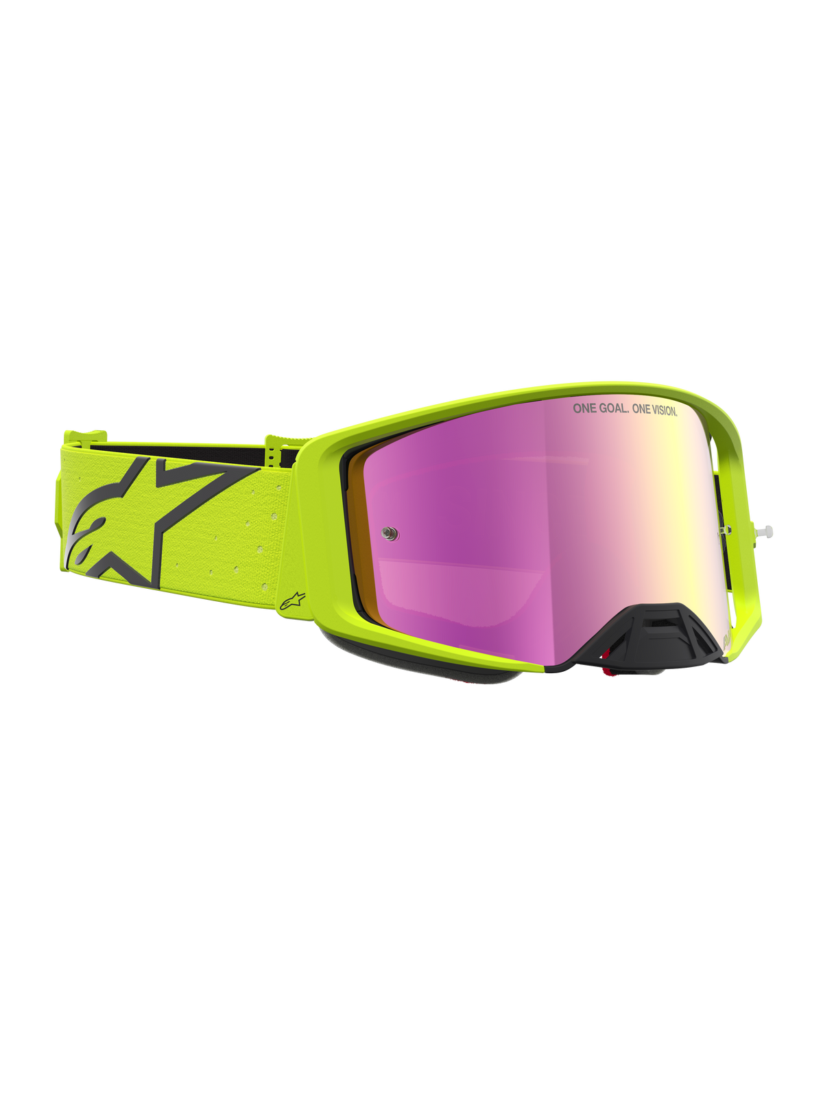 Alpinestars Supertech Vesta veiligheidsbril, motorcross racing eyewear, fluo geel en zwart frame met roze spiegellens, unisex off-road bril.