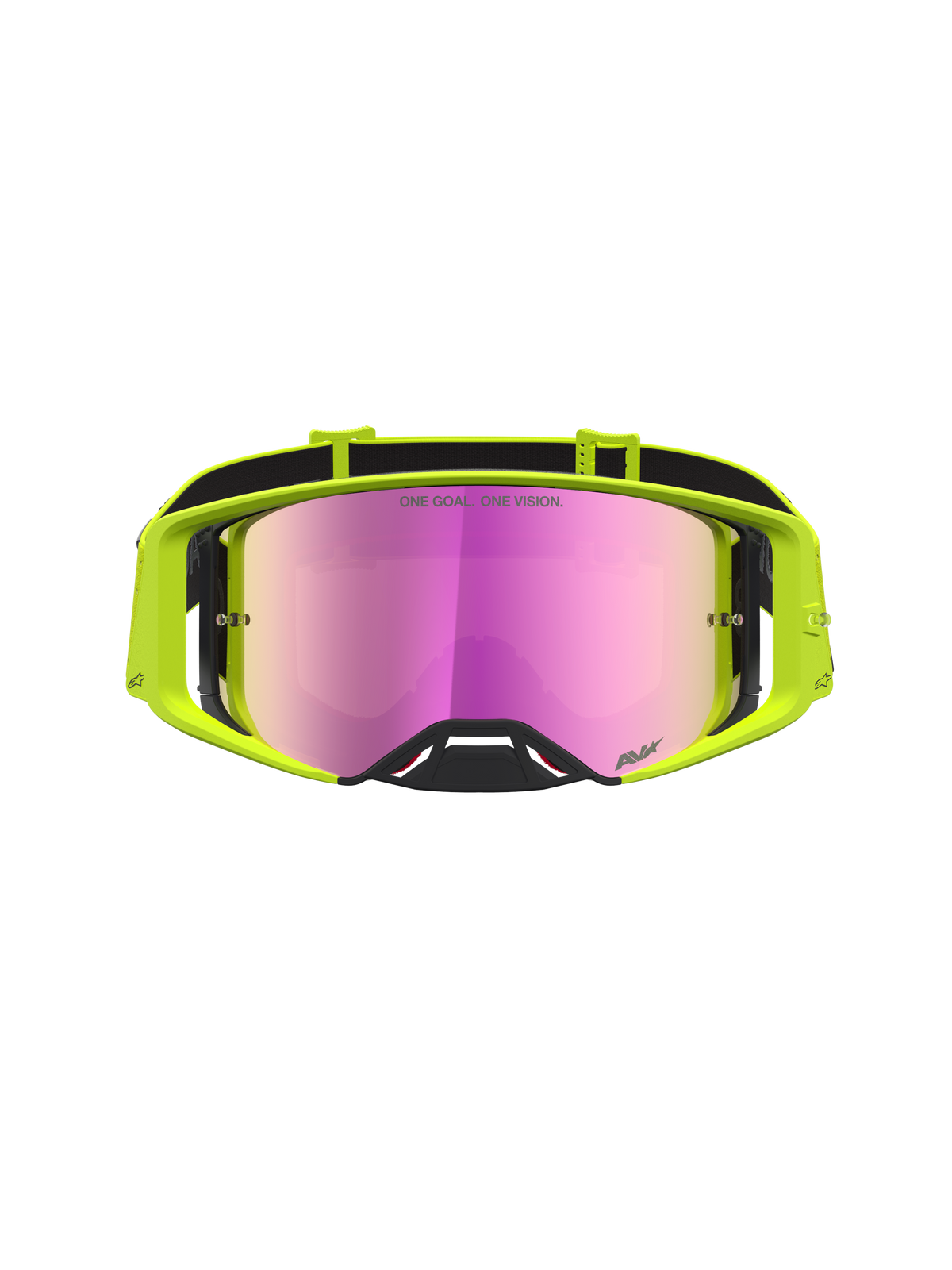Alpinestars Supertech Vesta veiligheidsbril voor motocross, geel fluo met roze spiegelglas voor helder off-road zicht.