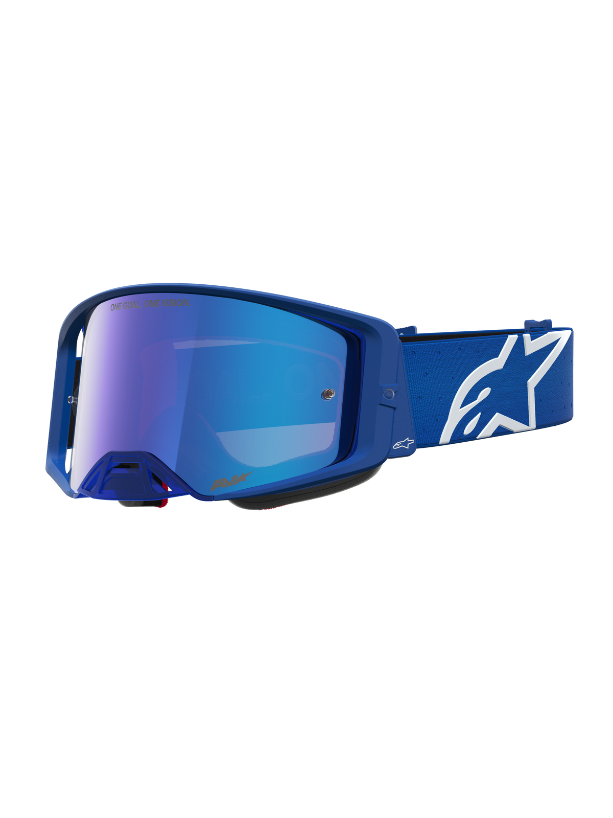 Masque Alpinestars Supertech Vesta, masque de motocross bleu et blanc, avec lentille miroir bleue et sangle ajustable à logo étoile.