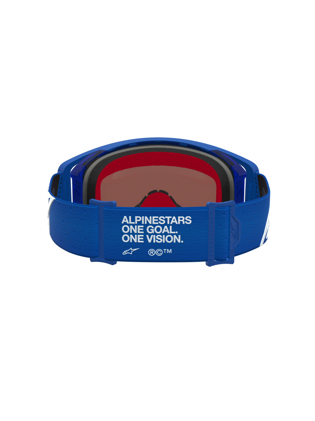 Masque Supertech Vesta Alpinestars, masque de motocross bleu et blanc, vue arrière montrant la sangle avec le slogan One Goal One Vision, équipement de protection off-road.