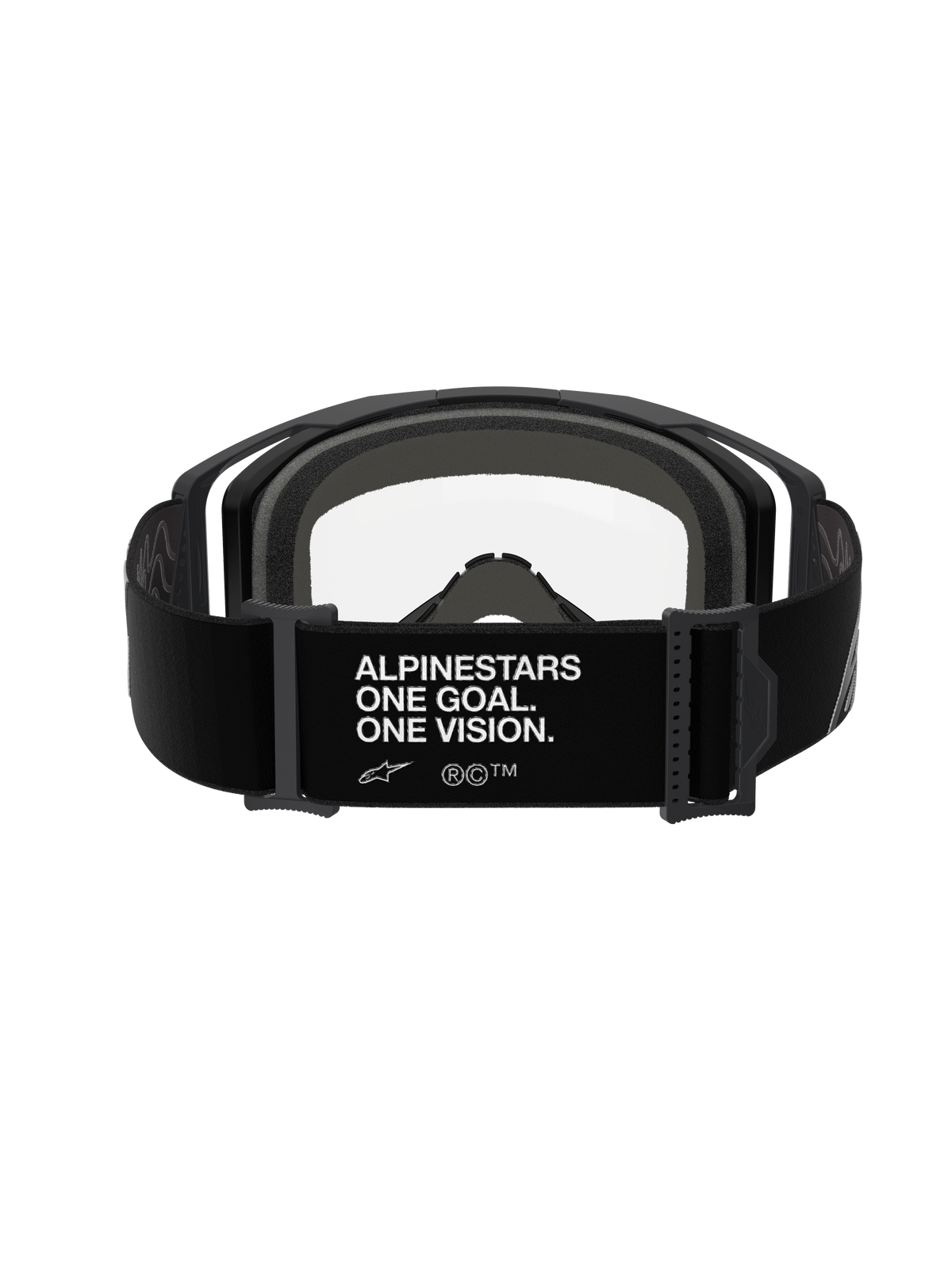 Alpinestars Vision 8 Corp Schutzbrille, Schwarz Klar, Rückansicht mit schwarzem verstellbarem Riemen, weißer „ALPINESTARS ONE GOAL. ONE VISION.“-Schriftzug, grauer mehrschichtiger Gesichtsschaum und klarer Polycarbonat-Linse, Performance-Motocross-Brille