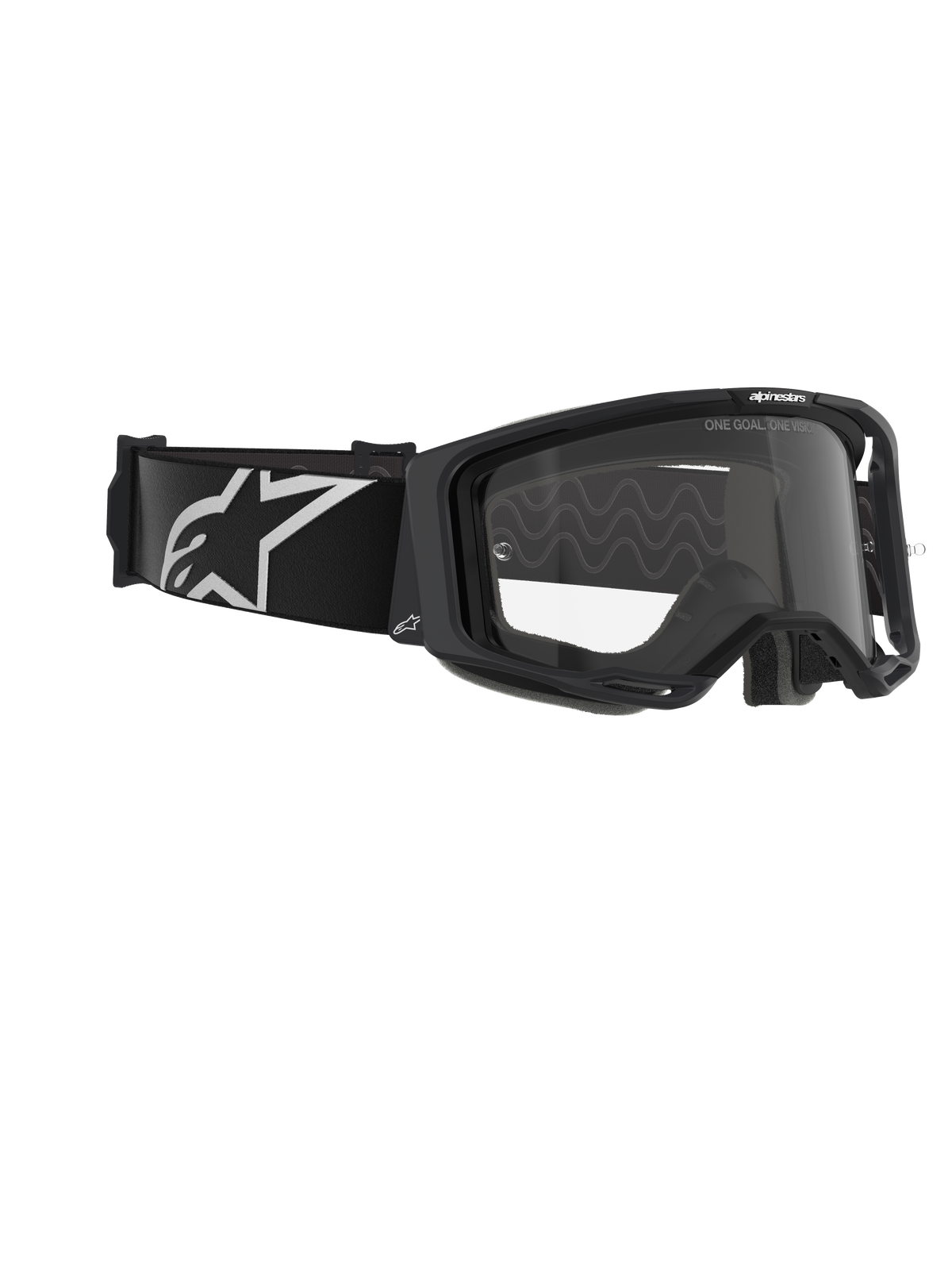 Alpinestars Vision 8 Corp Schutzbrille, Motocross-Brille, schwarzer Rahmen mit klarem Glas, breiter schwarzer gewebter Riemen mit weißem A-Star-Logo, klare Schutzbrille mit 'ONE GOAL. ONE VISION.' Schriftzug, professionelles Rennsport-Design für Offroad-Performance