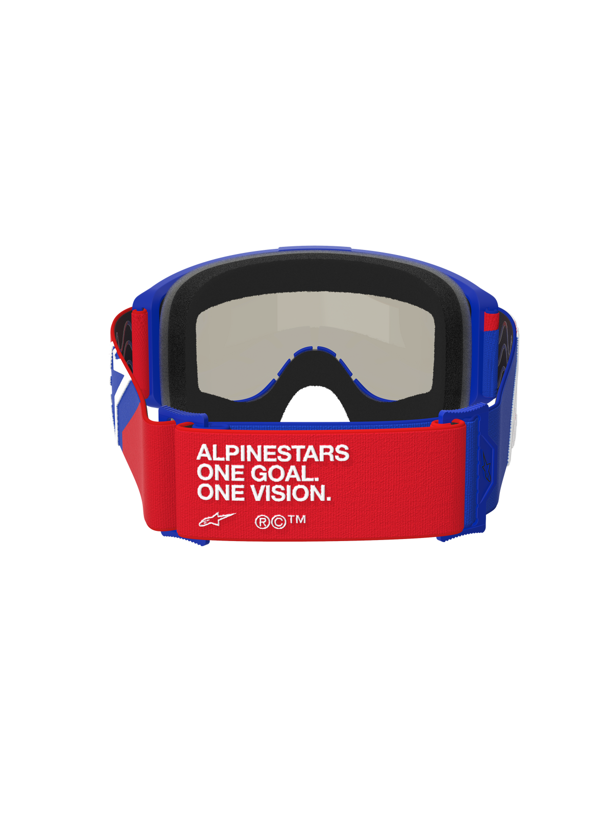 Masque Vision Sand Alpinestars, bleu, rouge et blanc, vue arrière avec sangle rouge et texte blanc 'ALPINESTARS ONE GOAL. ONE VISION.', monture bleue avec rembourrage en mousse noire épaisse, écran fumé foncé visible de l'intérieur, masque de motocross haute performance