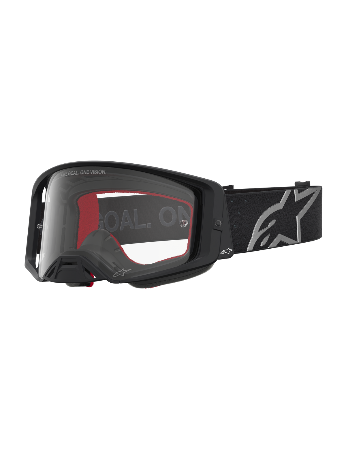 Alpinestars Supertech Vesta, masque de motocross noir mat et argenté, avec lentille claire, performance tout-terrain.