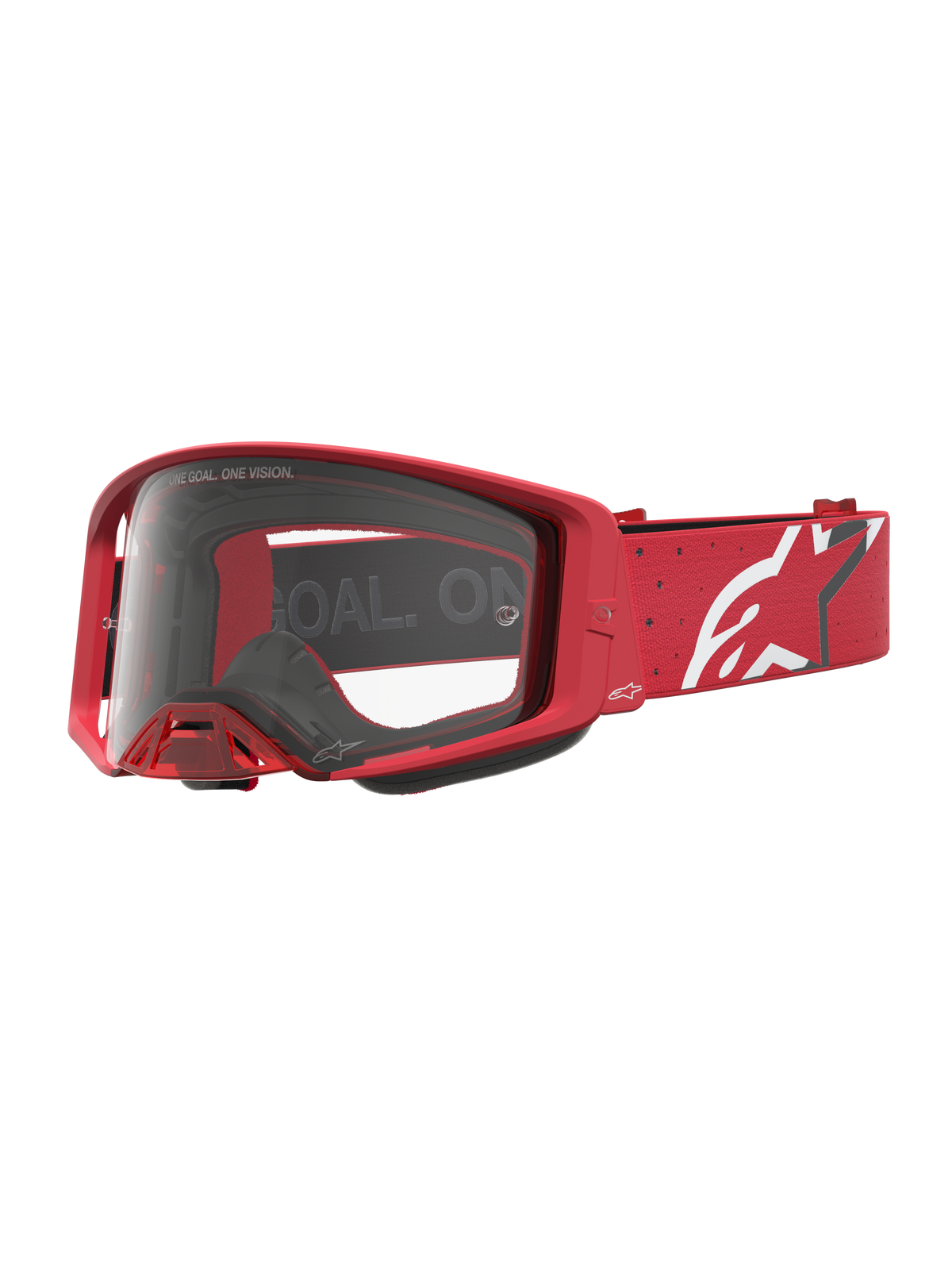 Masque Alpinestars Supertech Vesta, masque de motocross rouge et blanc, écran clair, sangle avec logo étoile blanc.