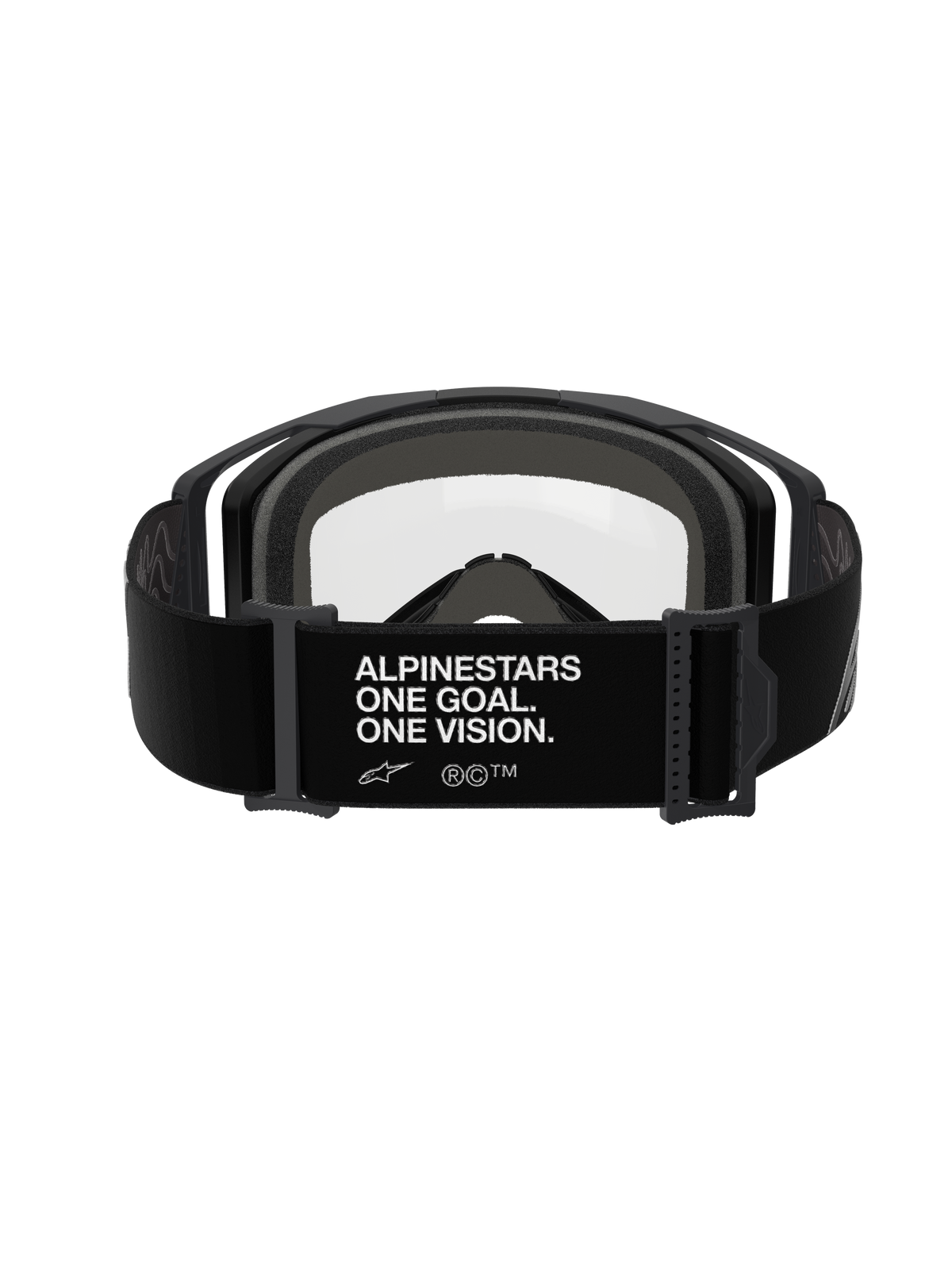Alpinestars Vision 8 Corp Goggles - Doppelscheibe, Schwarz Klar, Rückansicht mit breitem schwarzem Band und weißem 'ALPINESTARS ONE GOAL. ONE VISION.' Schriftzug, schwarzer Rahmen mit klarer Polycarbonat-Linse und dickem grauem mehrschichtigem Gesichtsschaum, professionelle Motocross-Brille