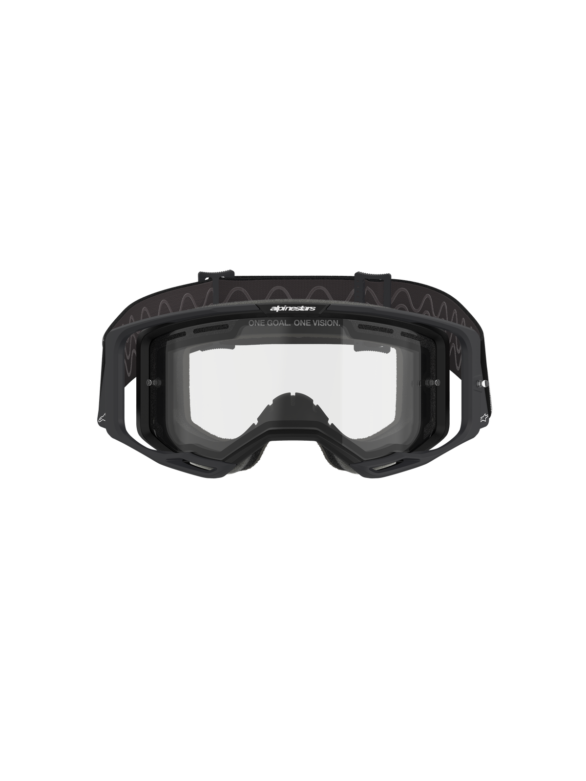 Alpinestars Vision 8 Corp Goggles - Dual Pane, Motocross-Brille, schwarzer Rahmen mit klarer Doppelscheibe, Vorderansicht mit Auslegern und „ONE GOAL. ONE VISION.“-Branding, technischer Augenschutz für den Offroad-Rennsport