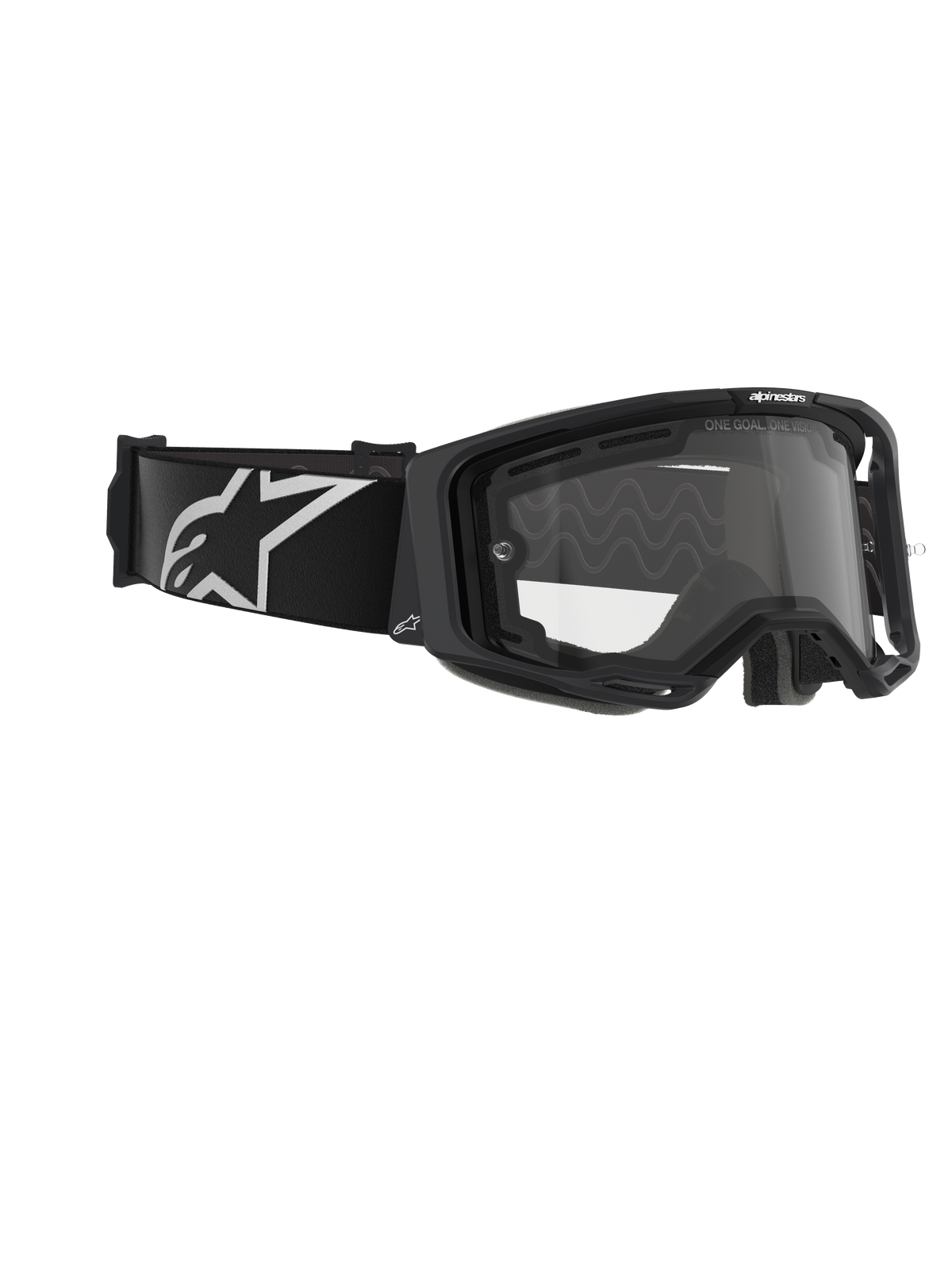 Alpinestars Vision 8 Corp Goggles, Doppelscheibe, Motocross-Brille, schwarzer Rahmen mit klarer Scheibe, breites schwarzes Band mit einem großen weißen Alpinestars-Logo, technischer Augenschutz für Offroad-Rennen