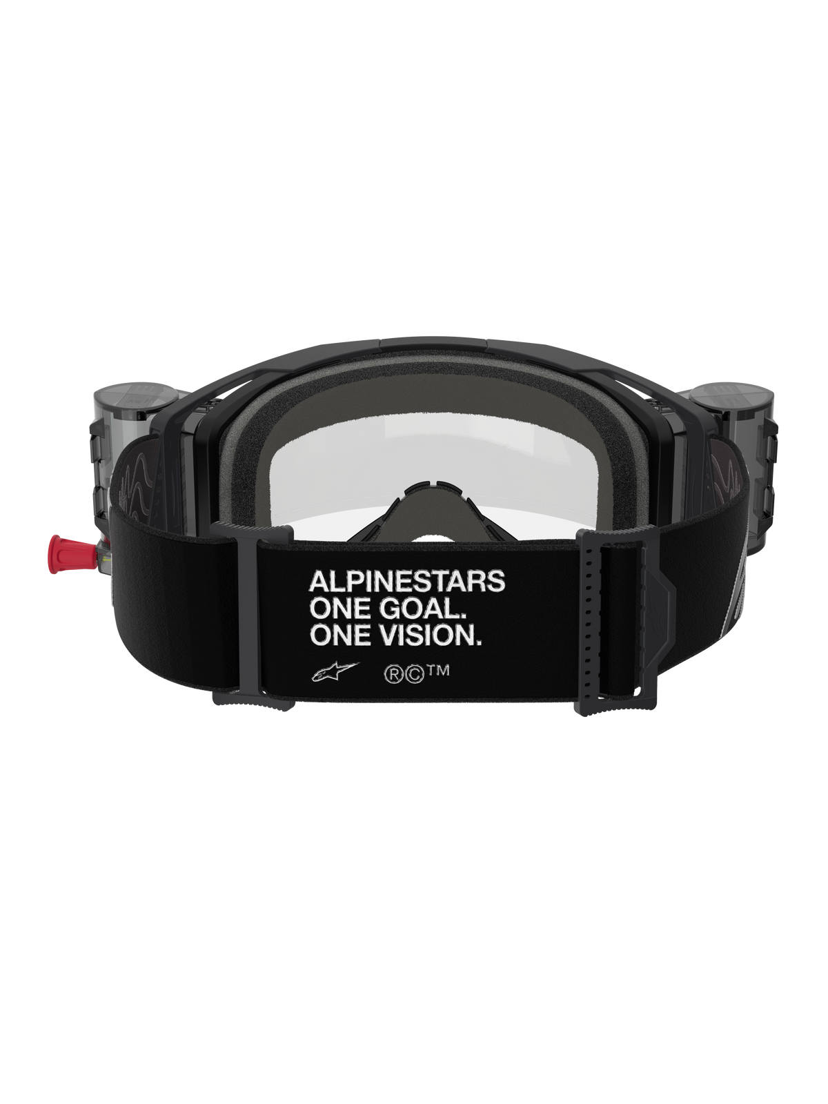 Alpinestars Vision 8 Corp Goggles Roll Off, Rückansicht, schwarzes Band mit weißem „ALPINESTARS ONE GOAL. ONE VISION.“ Slogan, integrierte Roll-off-Behälter, klare Linse und Schaumstoffpolsterung für Motocross-Rennen