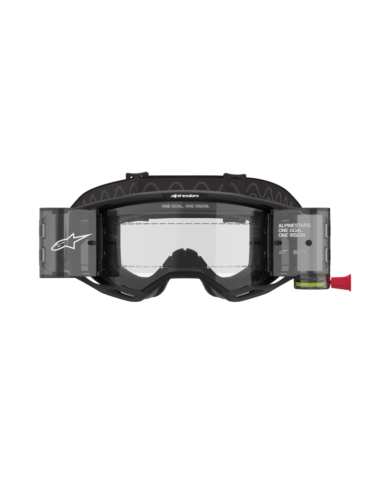 Alpinestars Vision 8 Corp Goggles Roll Off, Motocross-Brille, schwarzer Rahmen mit klarer Linse, integriertes Roll-Off-System mit lichtdurchlässigen Kanistern, breites schwarzes Band mit Branding, professioneller Augenschutz für den Rennsport