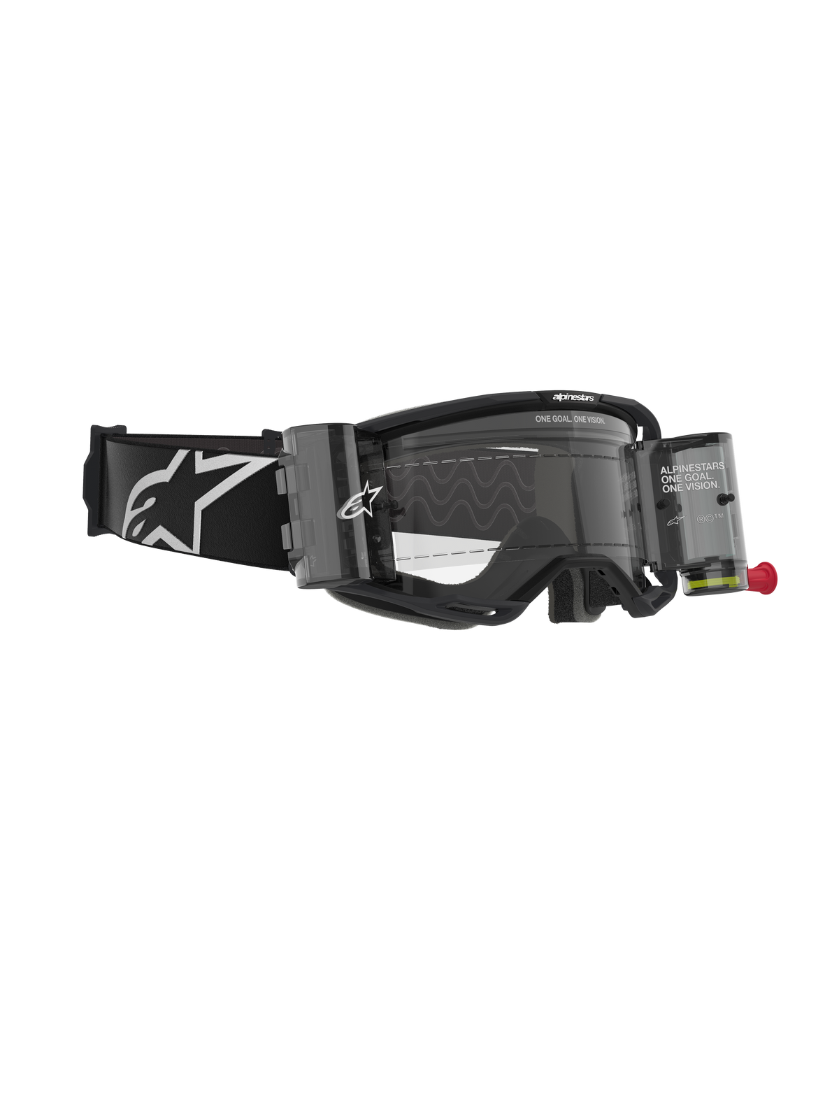 Alpinestars Vision 8 Corp Goggles, Motocross-Brille mit Roll-Off-System, Schwarz und Transparent, mit durchsichtigen Filmkanistern, klarer Scheibe und breitem schwarzem Band mit großem weißem Alpinestars-Logo