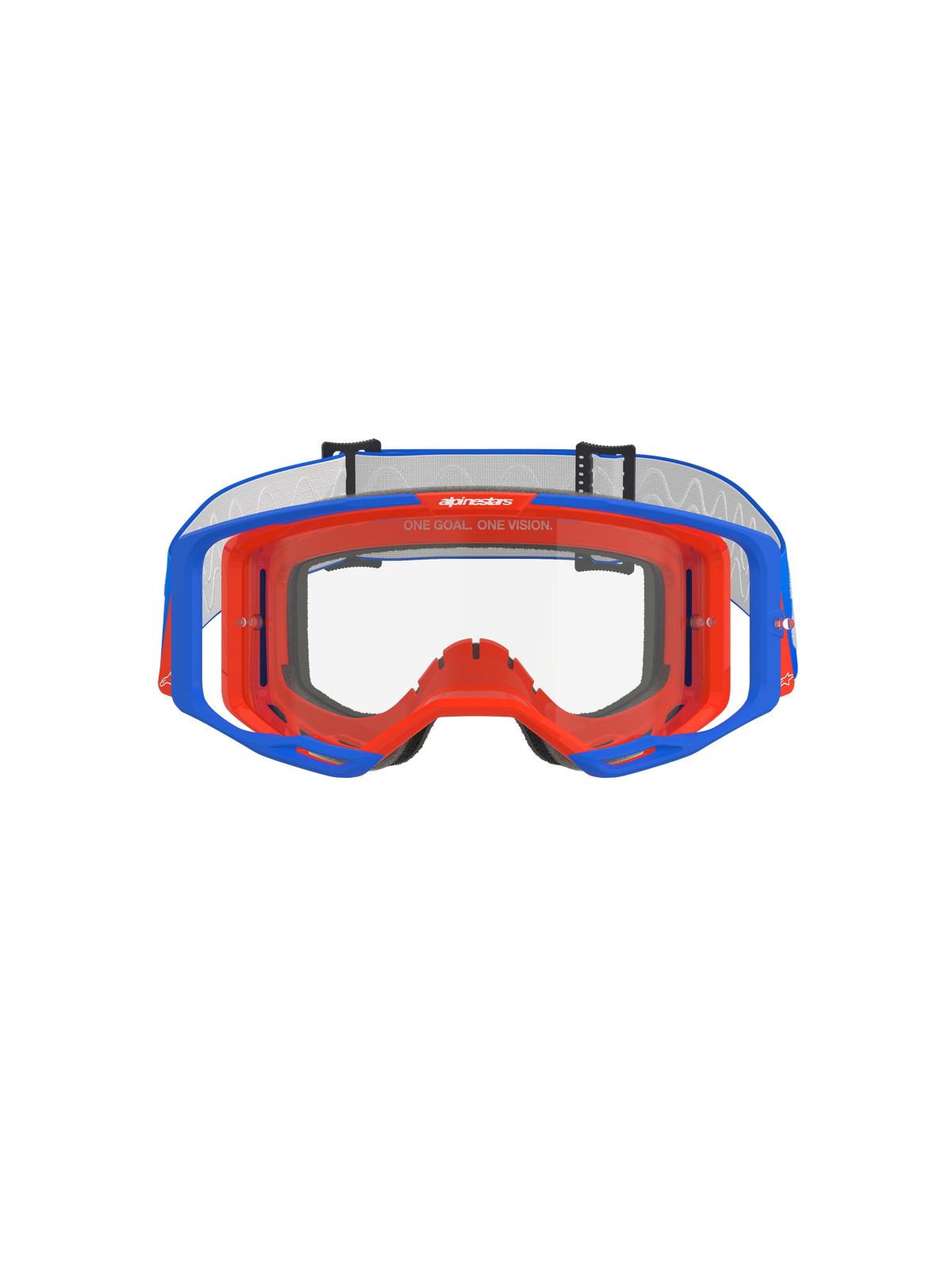 Alpinestars Vision 8 Wordmark Goggles, Motocross-Brille, Blau und Orange mit klarer Linse, Vorderansicht, mit einem zweifarbigen flexiblen Rahmen, weitem peripherem Sichtfeld und „One Goal. One Vision.“ Branding auf dem oberen Innenrahmen.