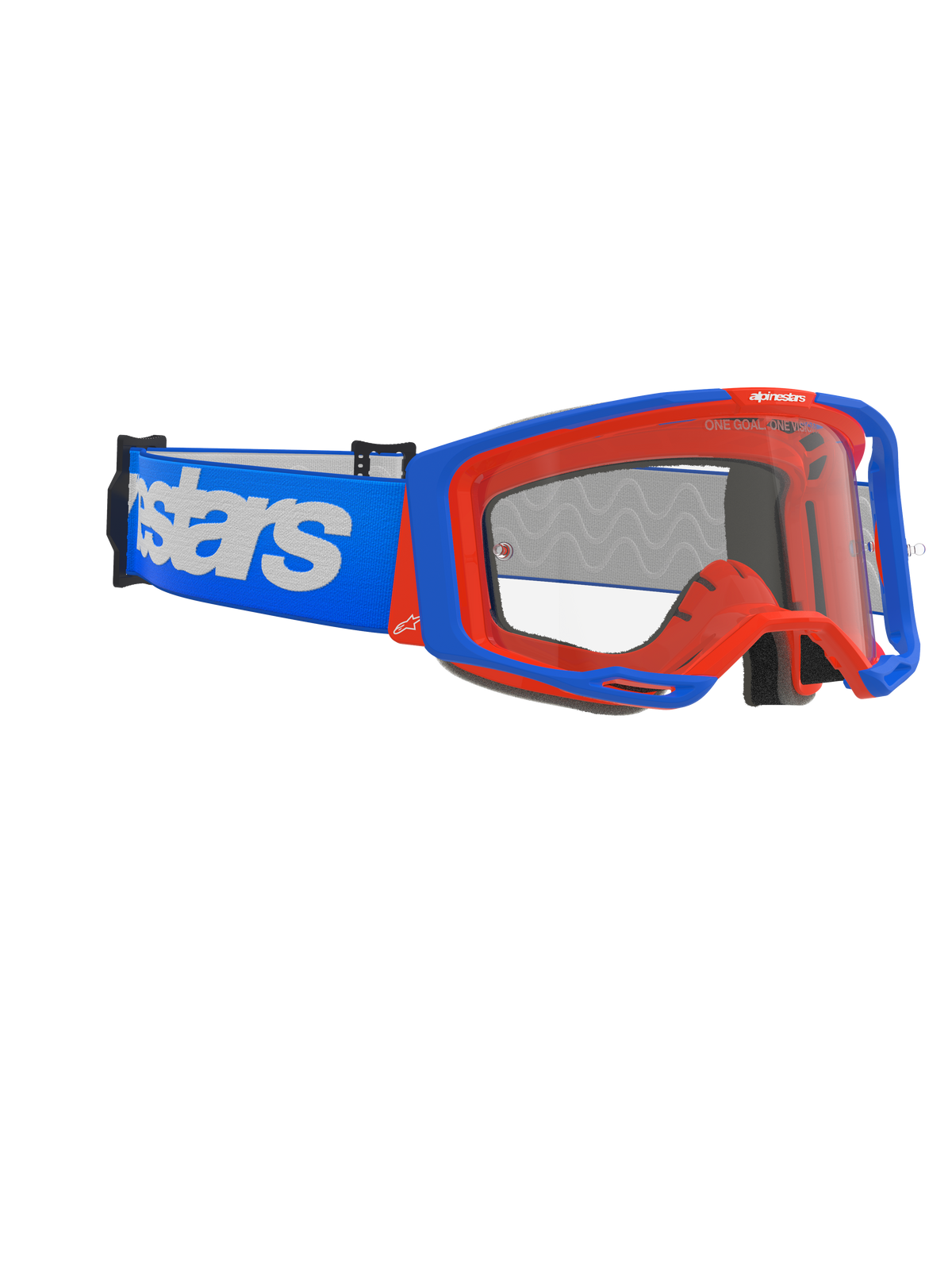 Alpinestars Vision 8 Wordmark Goggles, Motocross-Brille, Blau und Orange, klare Anti-Beschlag-Scheibe, breites blaues Band mit weißem Alpinestars-Branding, kantiger Rahmen mit Auslegersystem, leistungsstarke Offroad-Rennbrille