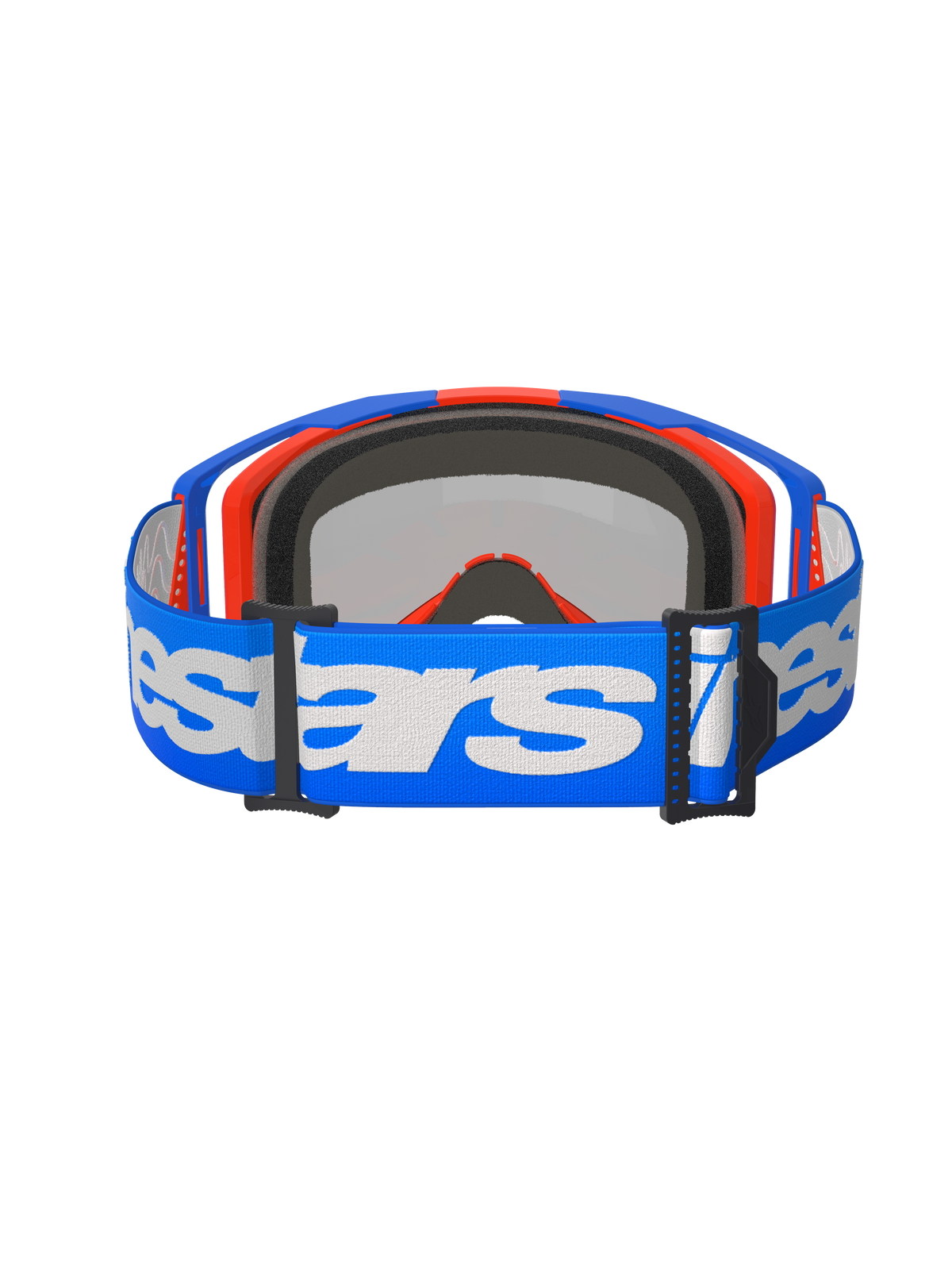 Alpinestars Vision 8 Wordmark Goggles, Motocross-Brille, Blau Orange Mirror Rot, Rückansicht mit einem blauen gewebten Brillenband mit weißem Alpinestars-Schriftzug, internem 3D-geformtem Gesichtsschaum und schwarzen Verstellschnallen.