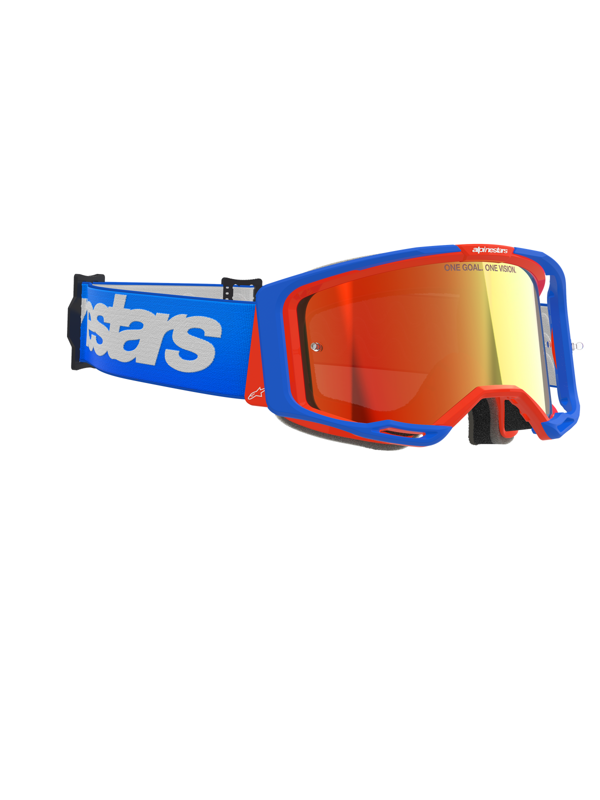 Alpinestars Vision 8 Wordmark Goggles, Motocross-Brille, blau-orangefarbener Rahmen mit rot verspiegelter Linse, blaues Band mit großem weißem Alpinestars-Logo, leistungsstarke Schutzbrille für den Offroad-Rennsport
