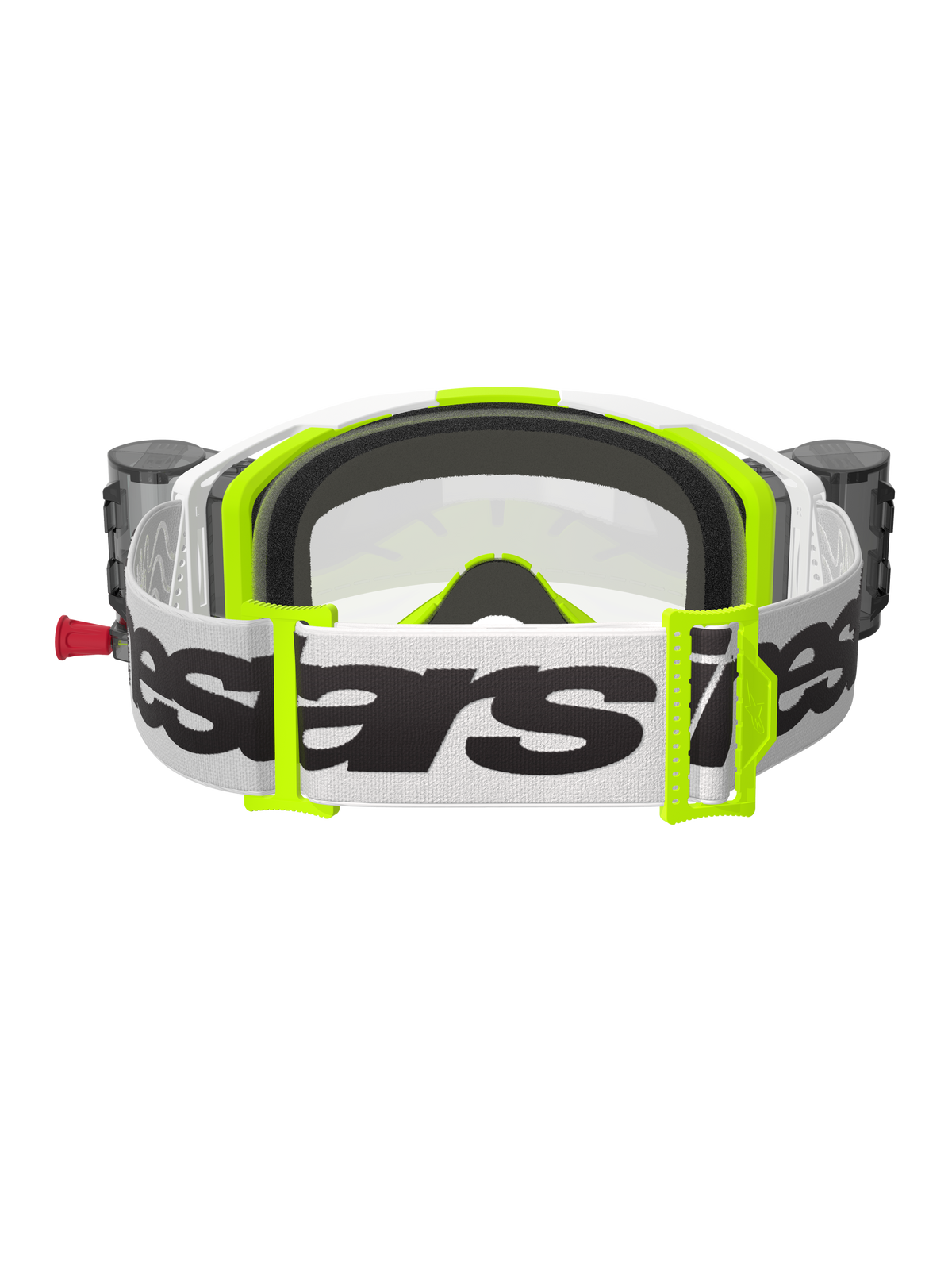 Alpinestars Vision 8 Wordmark Goggles Roll Off, Motocross-Brille, Weiß und Neongelb, Rückansicht mit weißem Band, schwarzem Schriftzug, neongelben Schnallen, schwarzem 3D-geformtem Gesichtsschaum und integrierten Roll-Off-Behältern