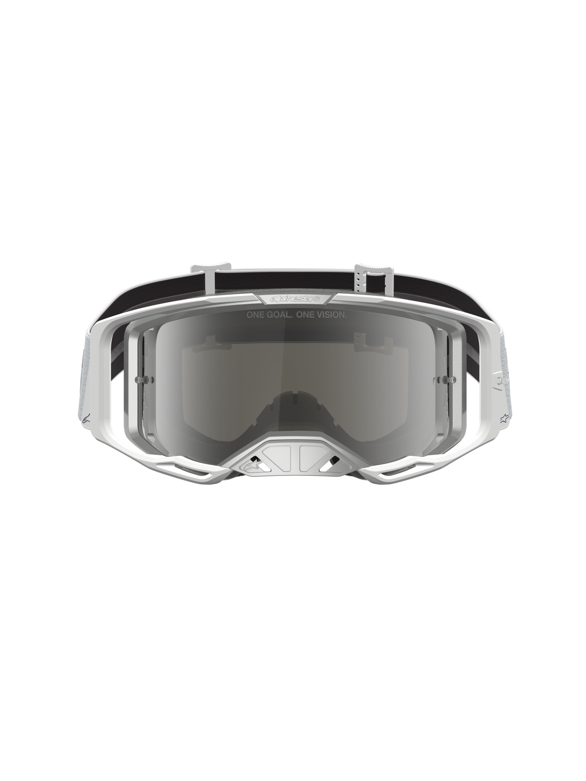 Alpinestars Vision 8 Amber Goggles, White and Silver motocross goggles with mirrored anti-fog lens and A-FLEX frame.