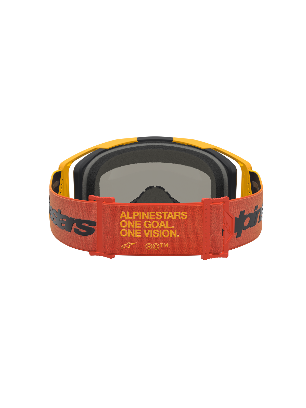 Alpinestars Vision 8 Amber Mirror Goggles, Red and Black Motocross Goggles with One Goal One Vision strap.