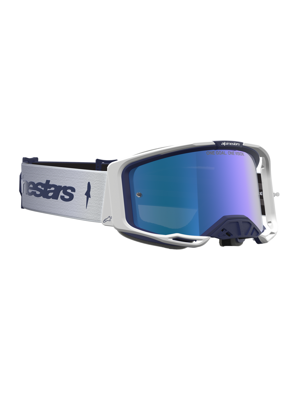Alpinestars Vision 8 Amber spiegel veiligheidsbril voor motocross, wit en donkerblauw met blauwe spiegellens.