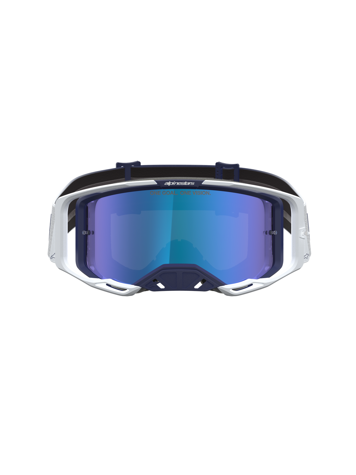 Alpinestars Vision 8 Amber crossbril, donkerblauw en wit frame, blauwe spiegellens, RAM-AIR ventilatie voor motocross.