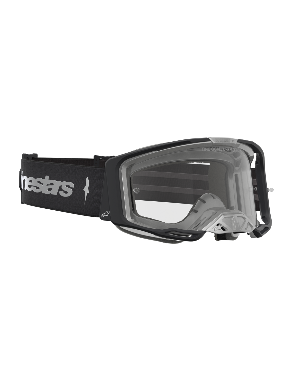 Masque Alpinestars Vision 8 Amber, masque de motocross noir et argenté avec écran clair et monture A-FLEX pour la course.