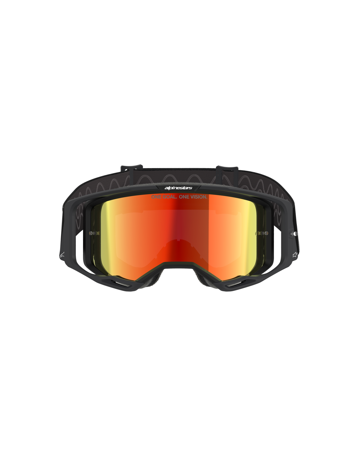 Alpinestars Vision 8 Corp Goggles, Motocross Goggles, Black and Mirror Red, front view featuring a red reflective lens with 'ONE GOAL. ONE VISION.' text, black frame with RAM-AIR ventilation, adjustable black strap, professional eye protection for off-road racing
