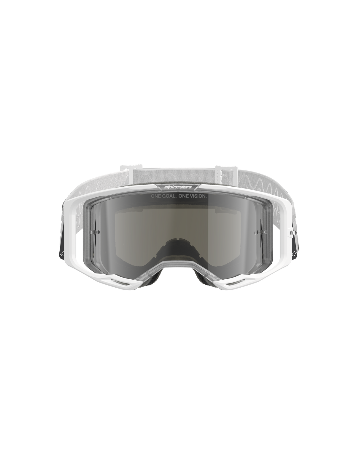 Lunettes de motocross Alpinestars Vision 8 Corp, blanc avec écran argenté miroir, vue de face montrant l'écran grand angle en polycarbonate, le système de ventilation RAM-AIR et la sangle tissée blanche avec logo.