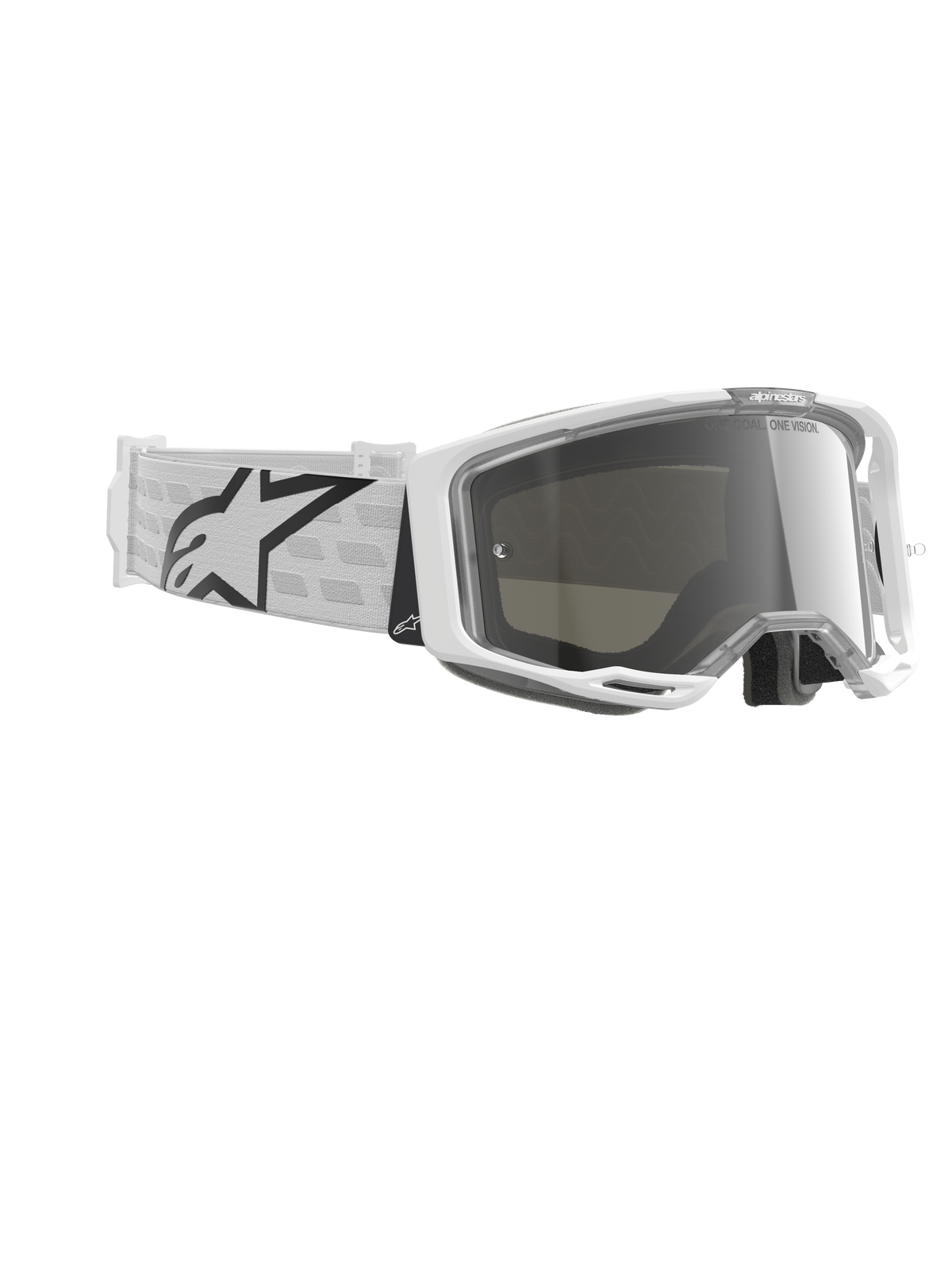 Masque Alpinestars Vision 8 Corp, lunettes de motocross, blanc et argent miroir, doté d'une monture A-FLEX blanche avec écran argent miroir et d'un bandeau tissé blanc arborant un grand logo étoile Alpinestars noir